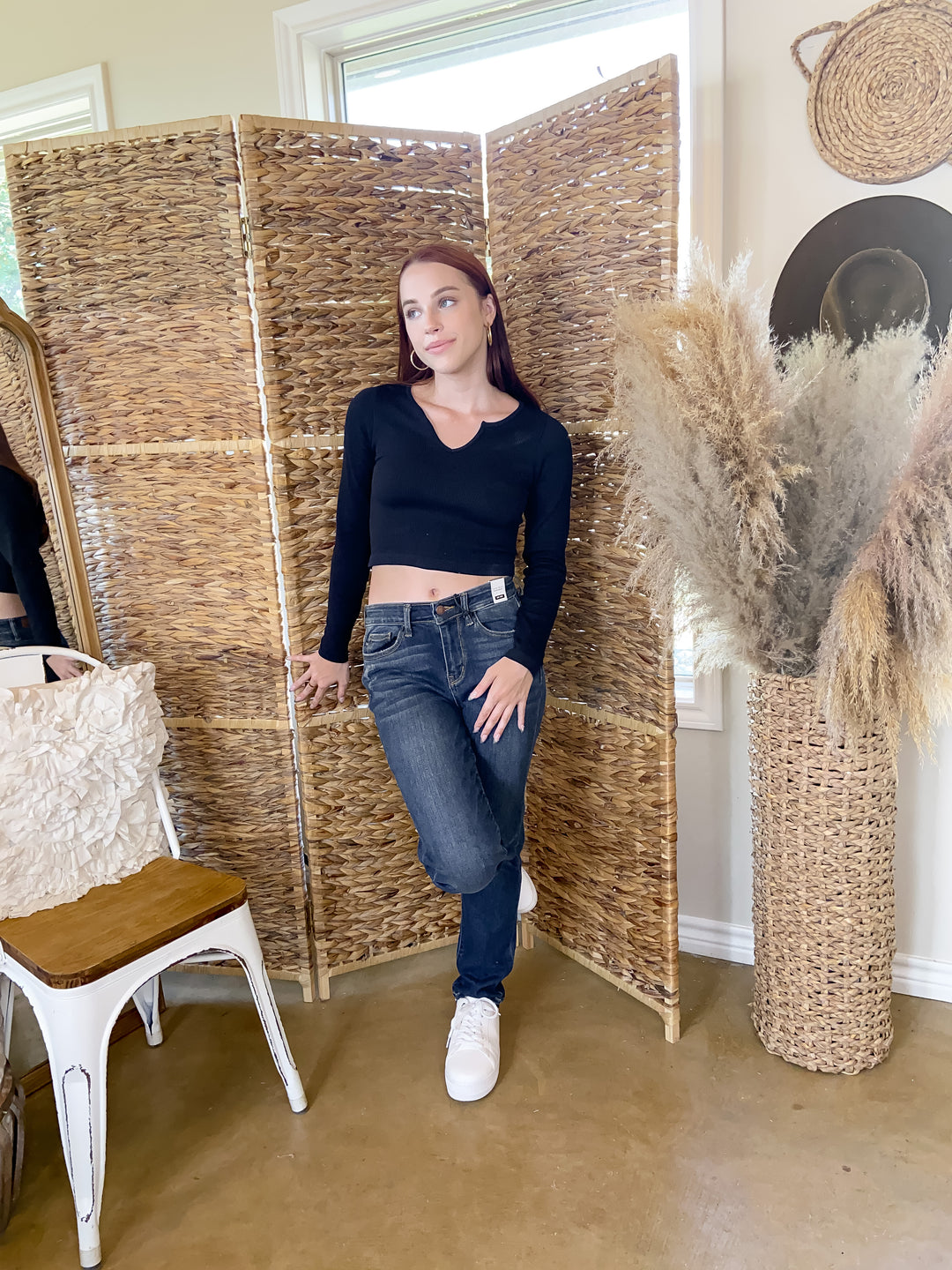 Dream Babe Notched Neckline Crop Long Sleeve Top in Black - Giddy Up Glamour Boutique