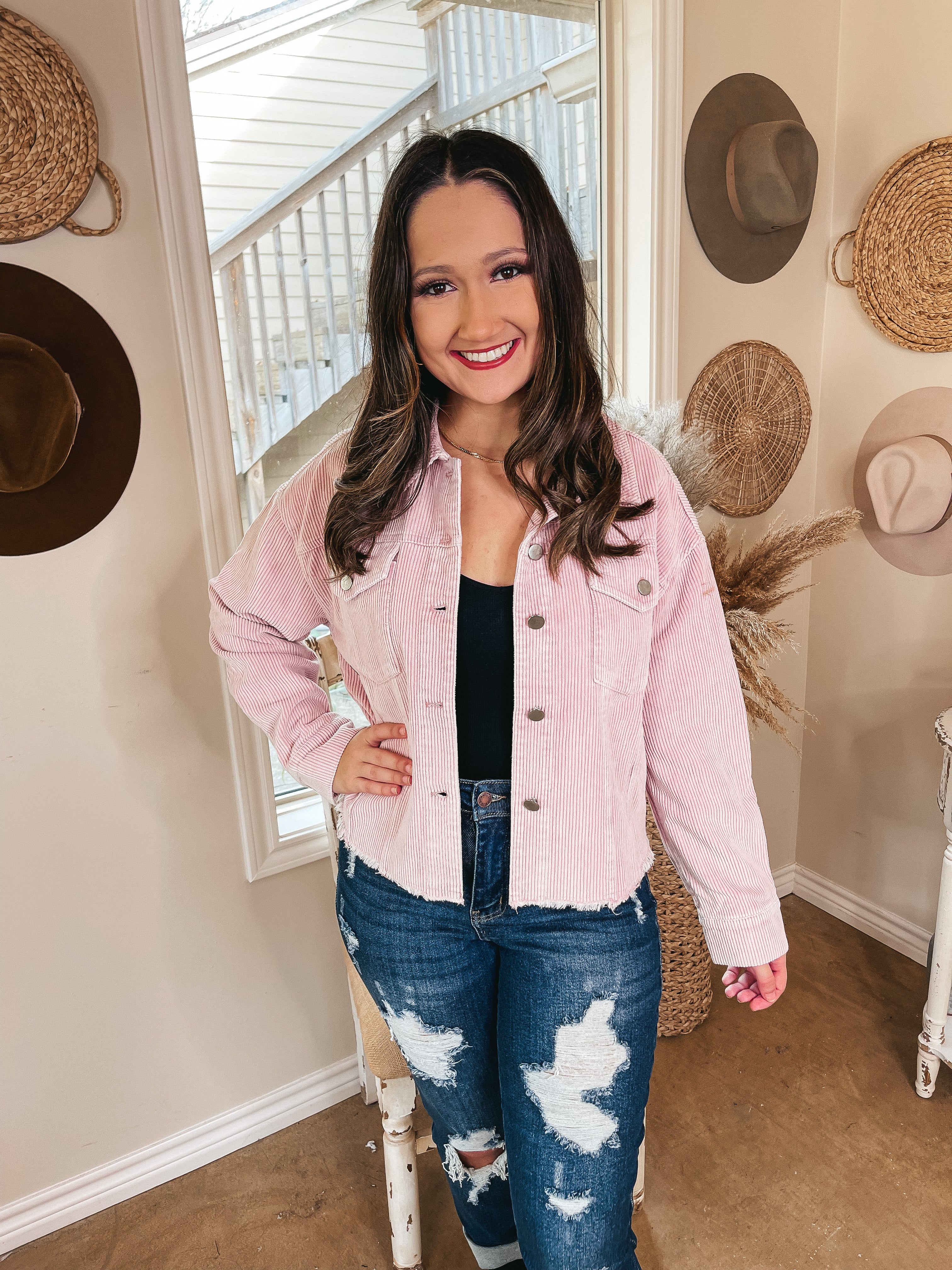 Edgy and Chic Button Up Corduroy Jacket with Raw Hem in Blush Pink - Giddy Up Glamour Boutique