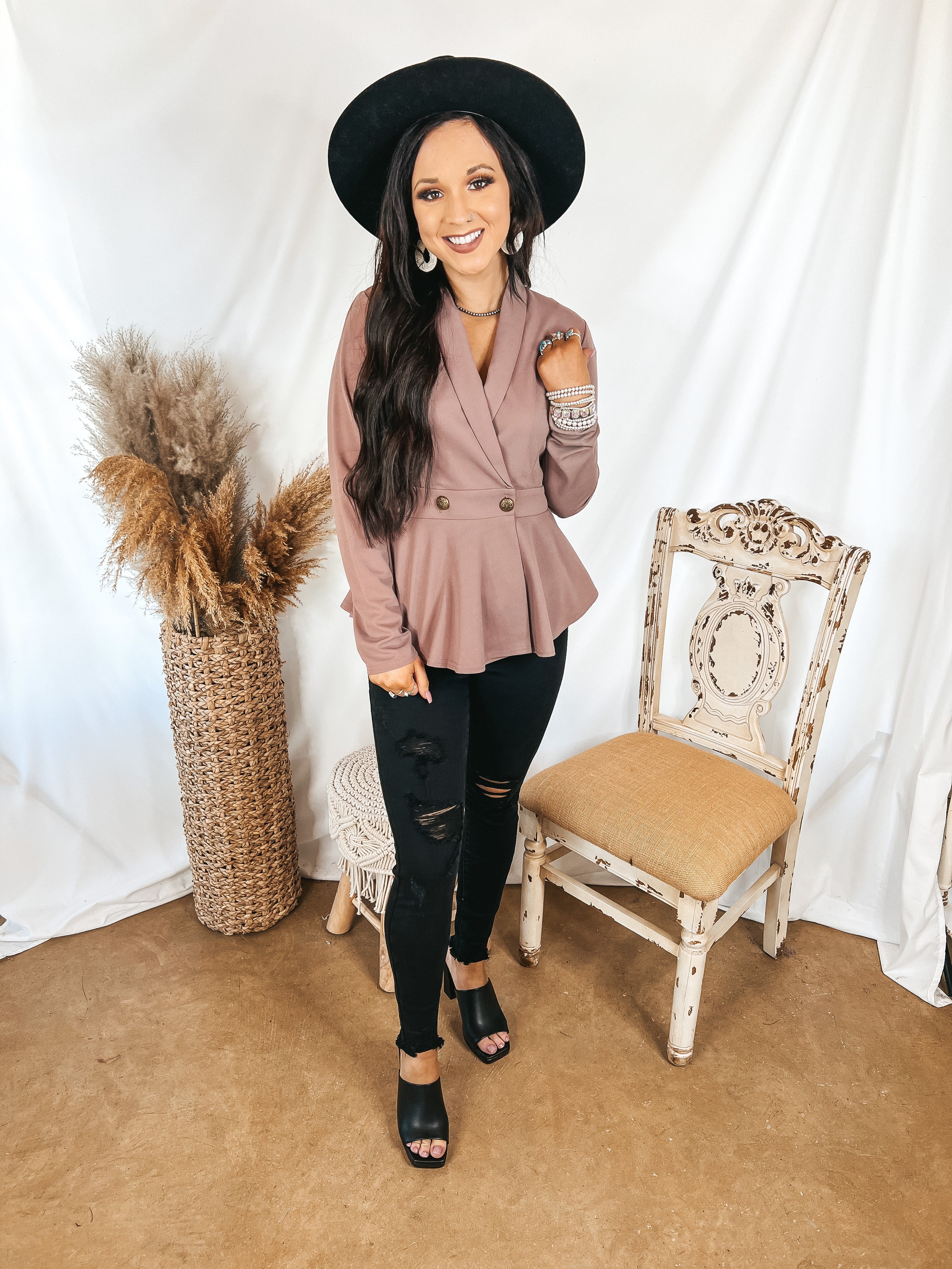 Rumored Romance Double Breasted Peplum Blazer Blouse in Mauve - Giddy Up Glamour Boutique