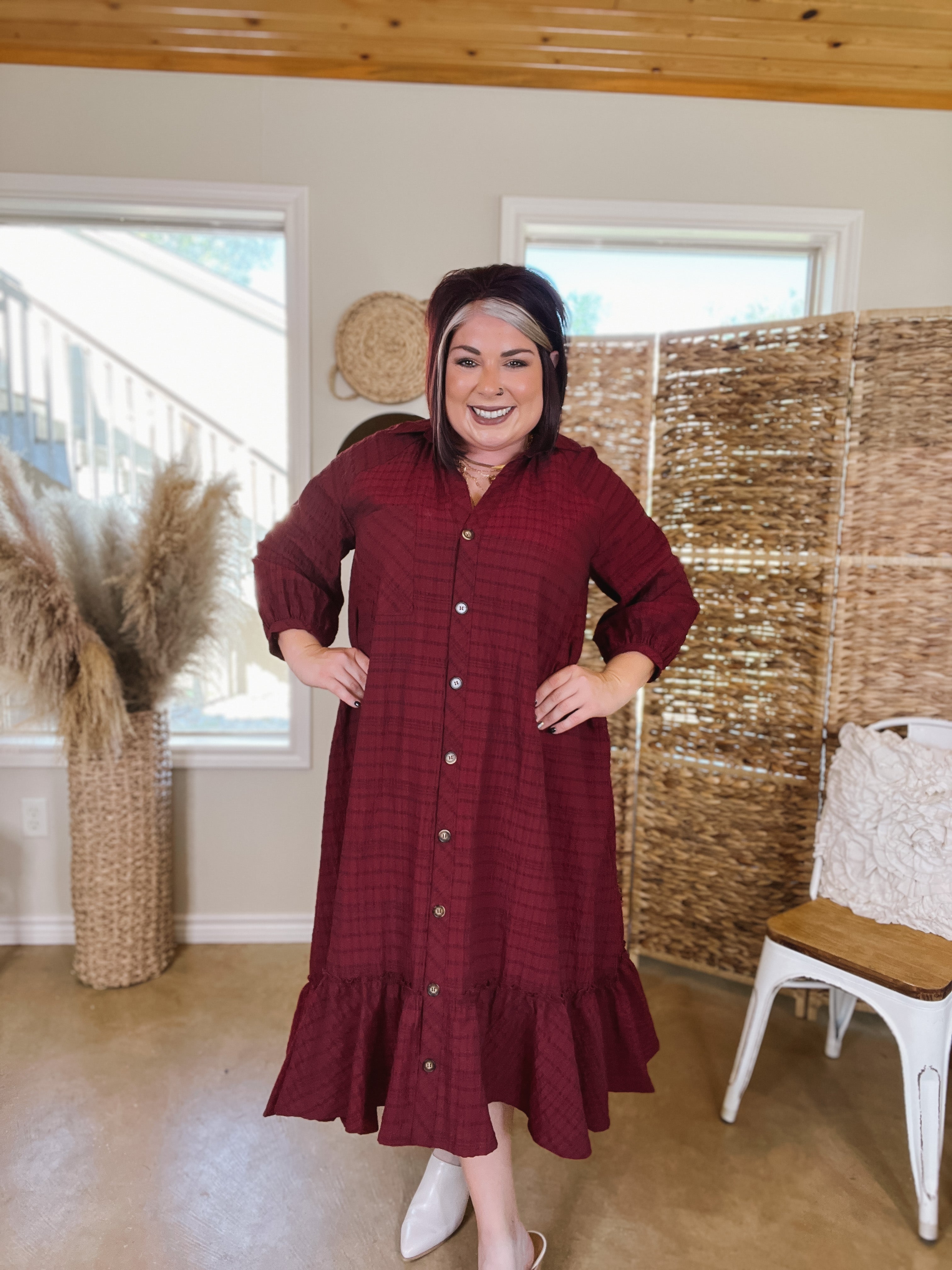 Easy to Please Button Up Ruffle Hem Midi Dress in Maroon Plaid - Giddy Up Glamour Boutique