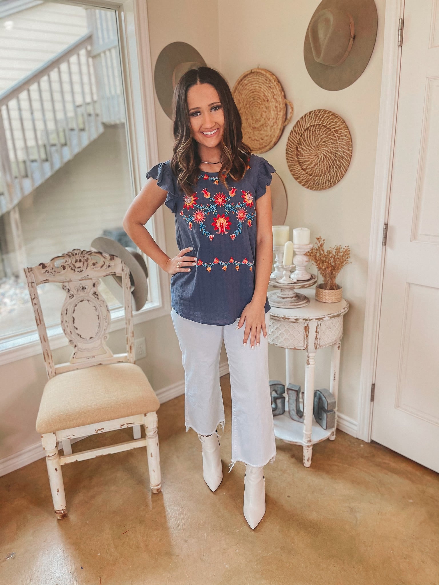Easily Enchanted Floral Embroidered Ruffle Cap Sleeve Top in Dusty Navy - Giddy Up Glamour Boutique