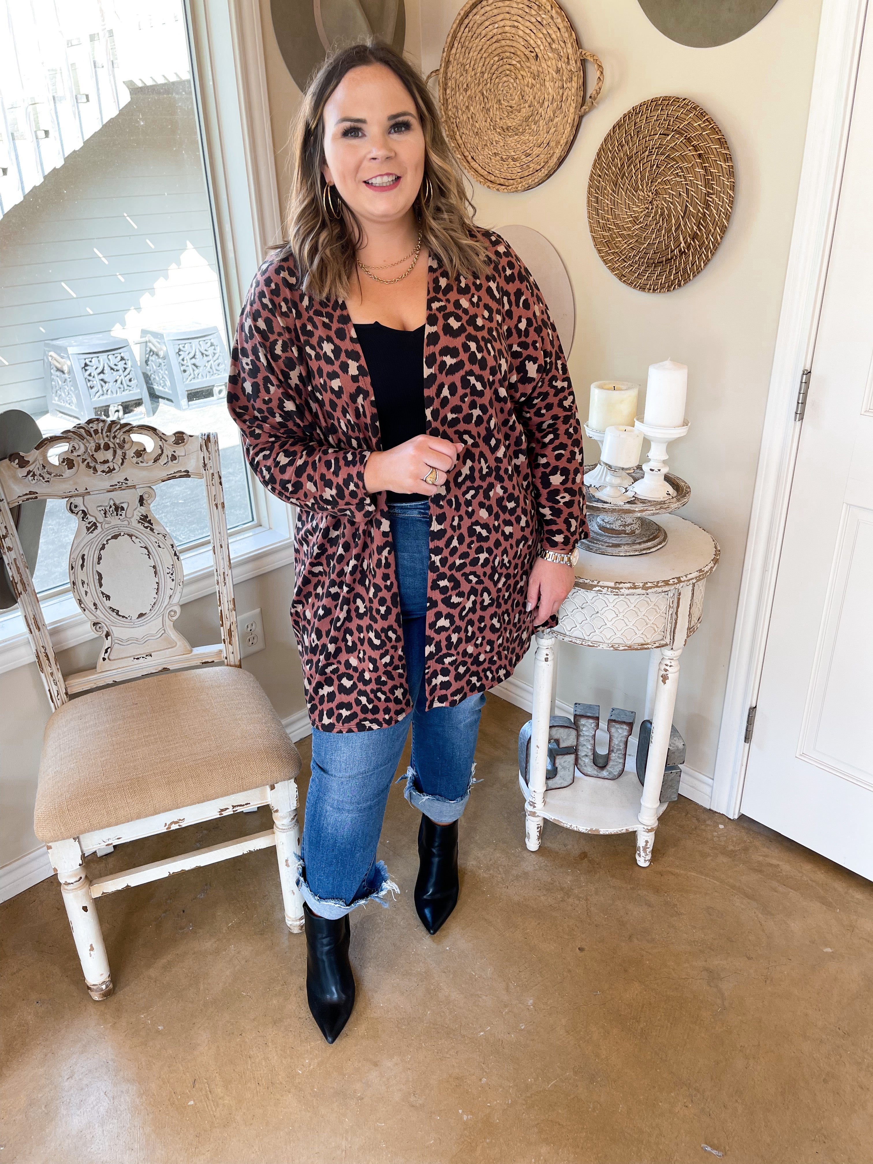 Let's Be Real Open Front 3/4 Sleeve Leopard Cardigan in Mauve - Giddy Up Glamour Boutique