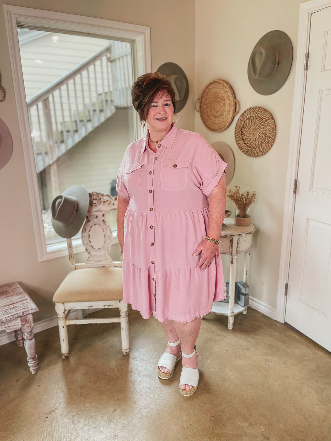 Oh Darling Ruffle Tiered Button Up Dress in Pink - Giddy Up Glamour Boutique