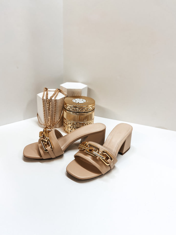 Grand Entrance Gold Chain Mini Block Heels in Nude - Giddy Up Glamour Boutique