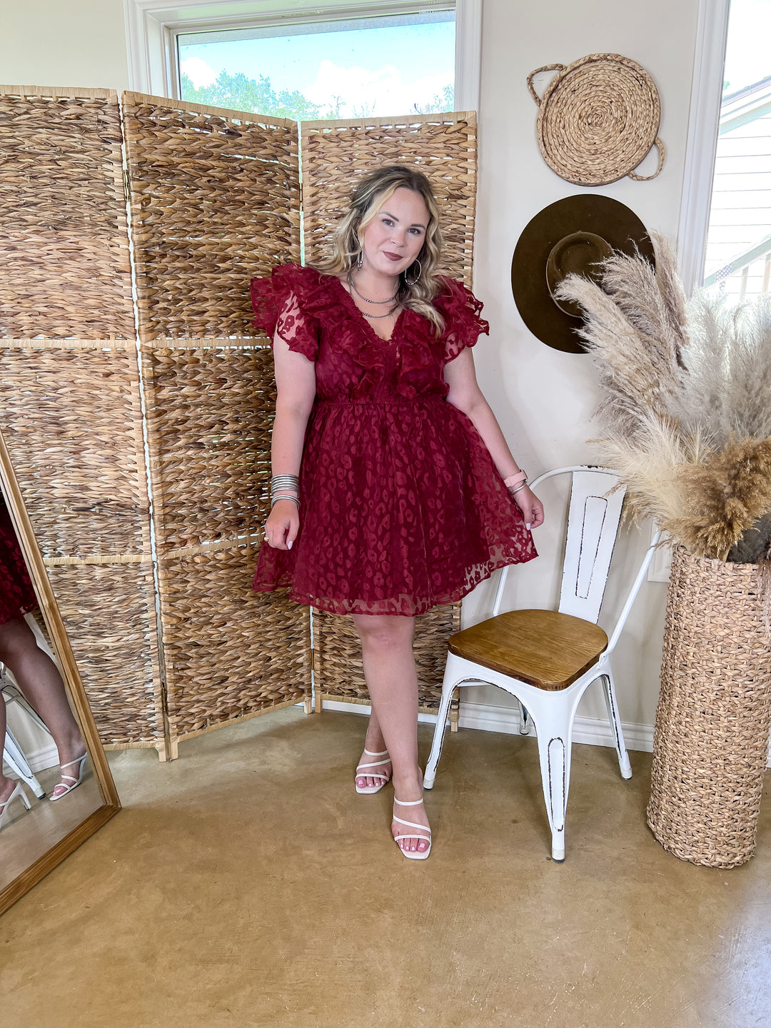 Welcome To Hollywood Sheer Leopard Print Dress with Ruffle Detail in Maroon - Giddy Up Glamour Boutique