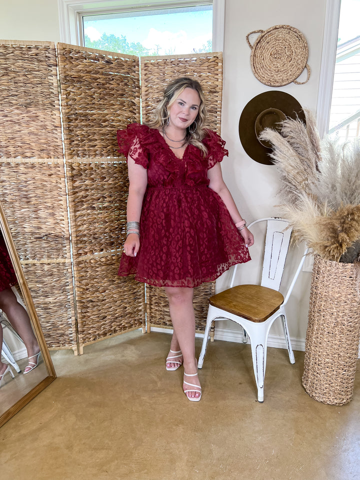 Welcome To Hollywood Sheer Leopard Print Dress with Ruffle Detail in Maroon - Giddy Up Glamour Boutique