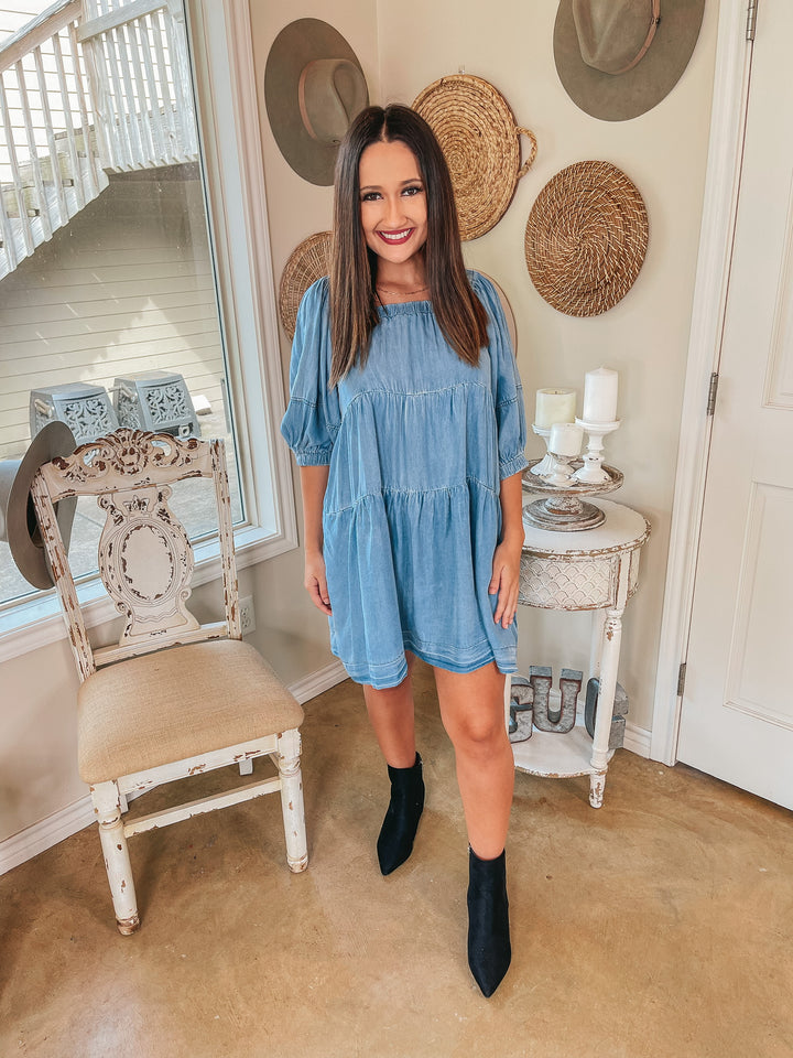 Wine Mixer Square Neck Chambray Tiered Dress in Light Wash - Giddy Up Glamour Boutique