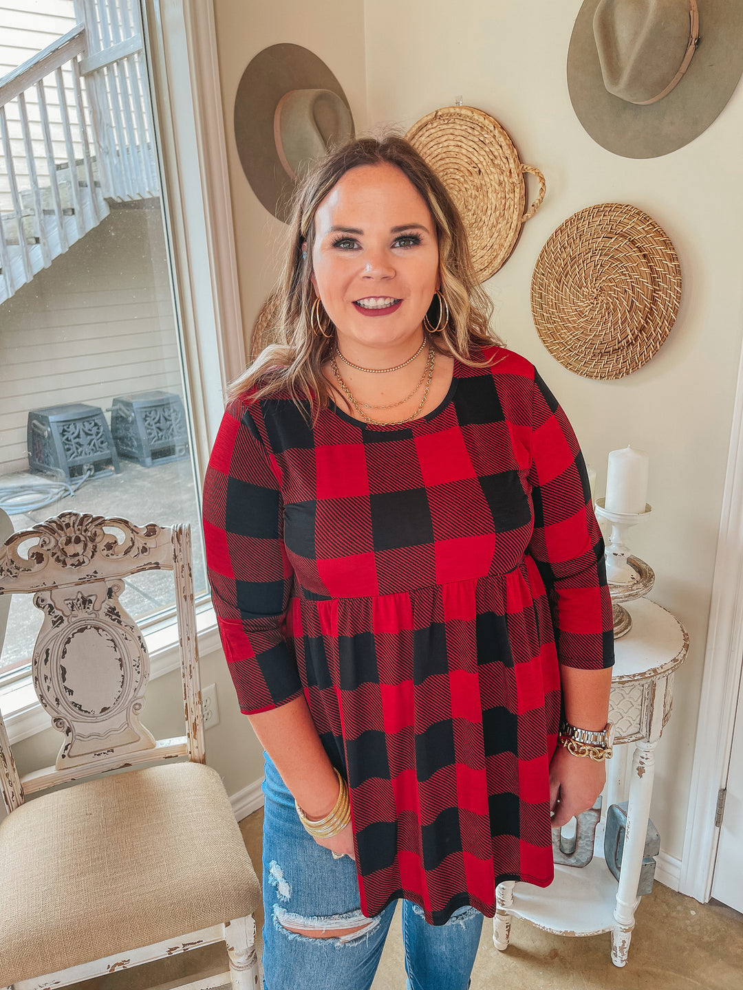 As You Wish Buffalo Plaid Baby Doll Top in Red - Giddy Up Glamour Boutique