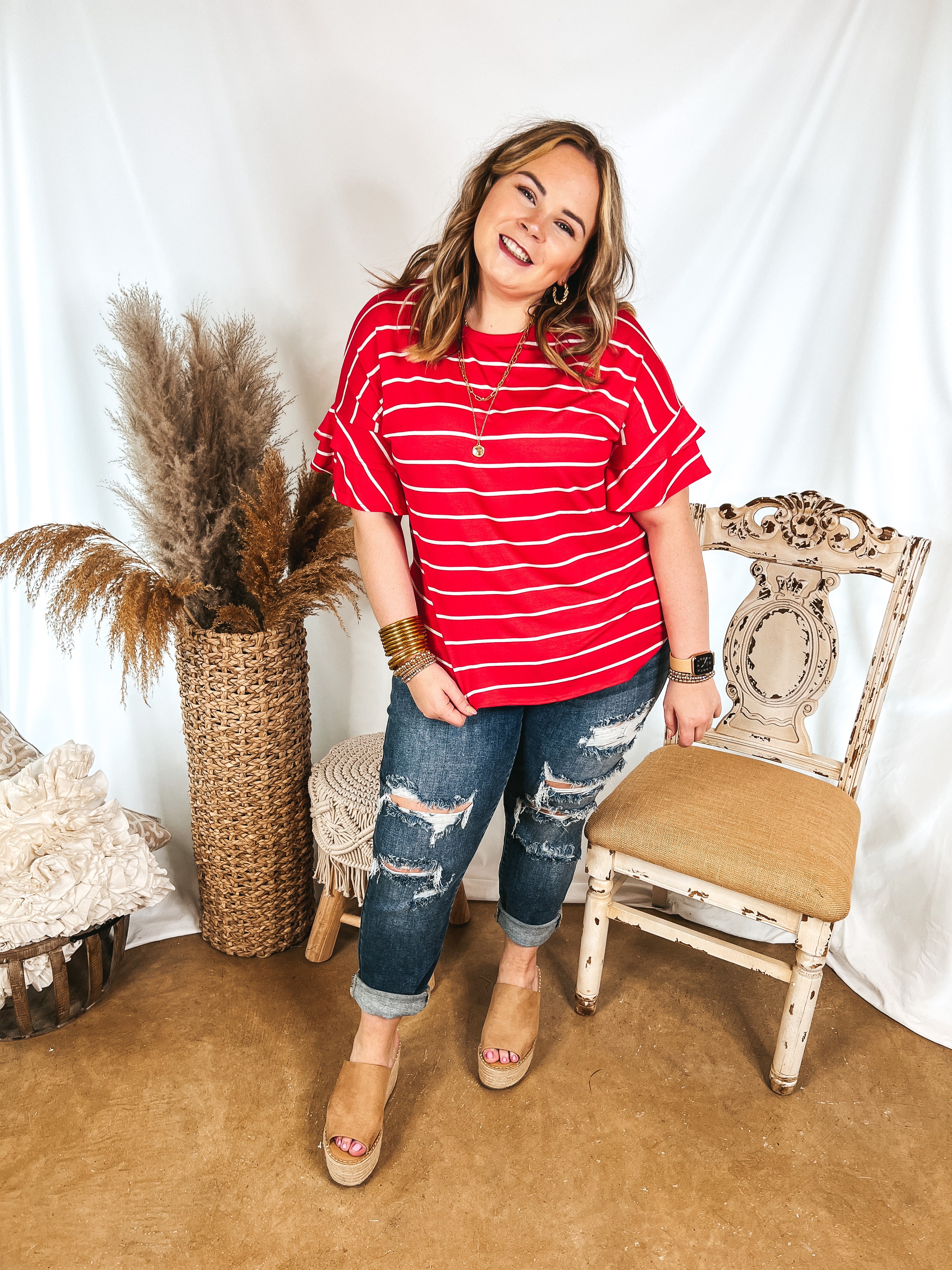 Set The Standard Striped Top with Short Ruffle Sleeves in Red - Giddy Up Glamour Boutique