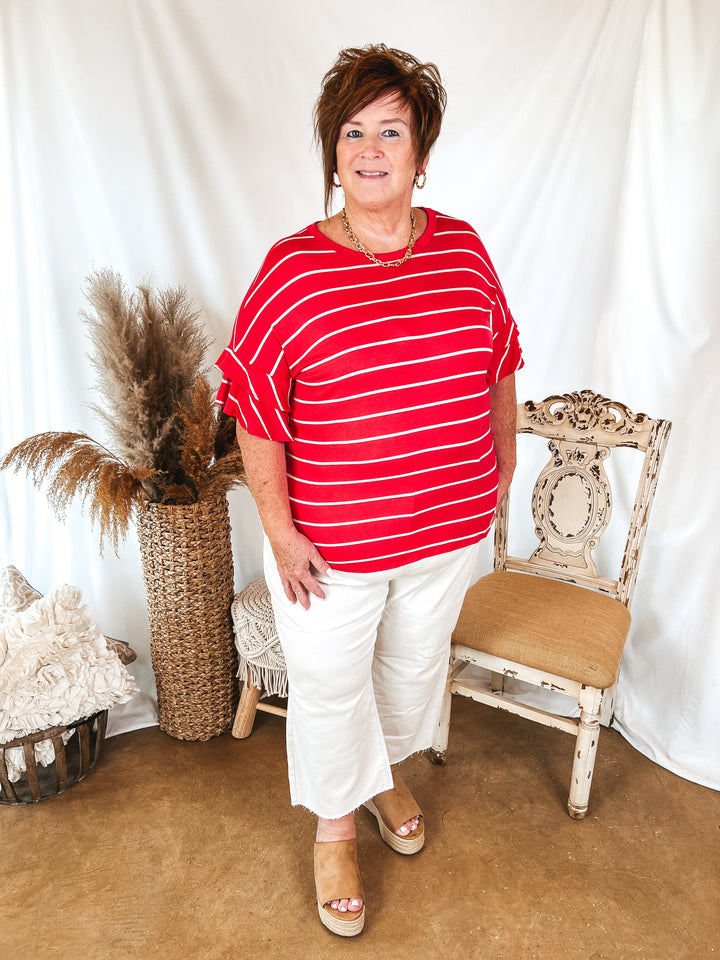 Set The Standard Striped Top with Short Ruffle Sleeves in Red - Giddy Up Glamour Boutique