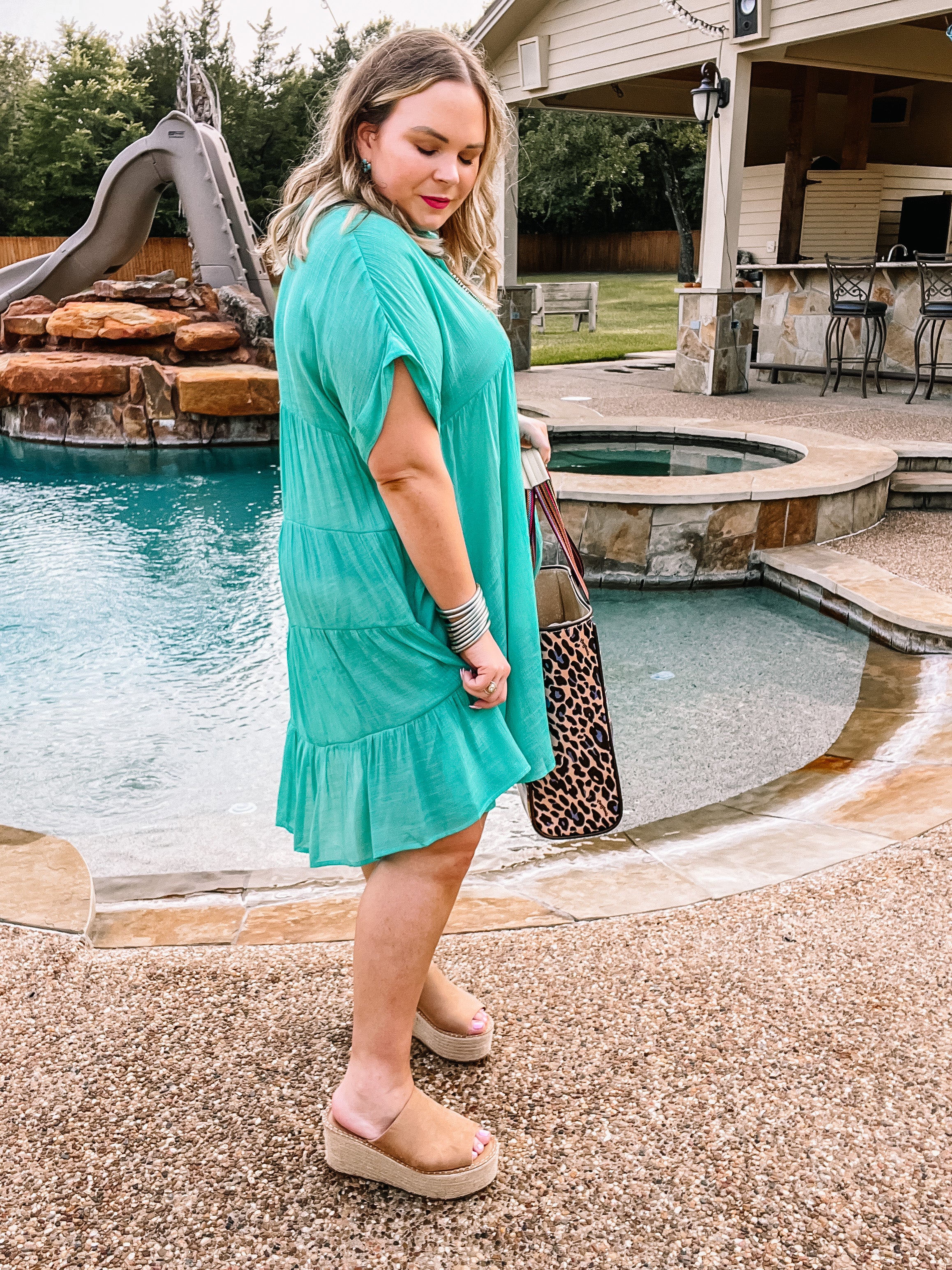 Wildest Dreams Button Up Short Sleeve Tunic Dress in Turquoise