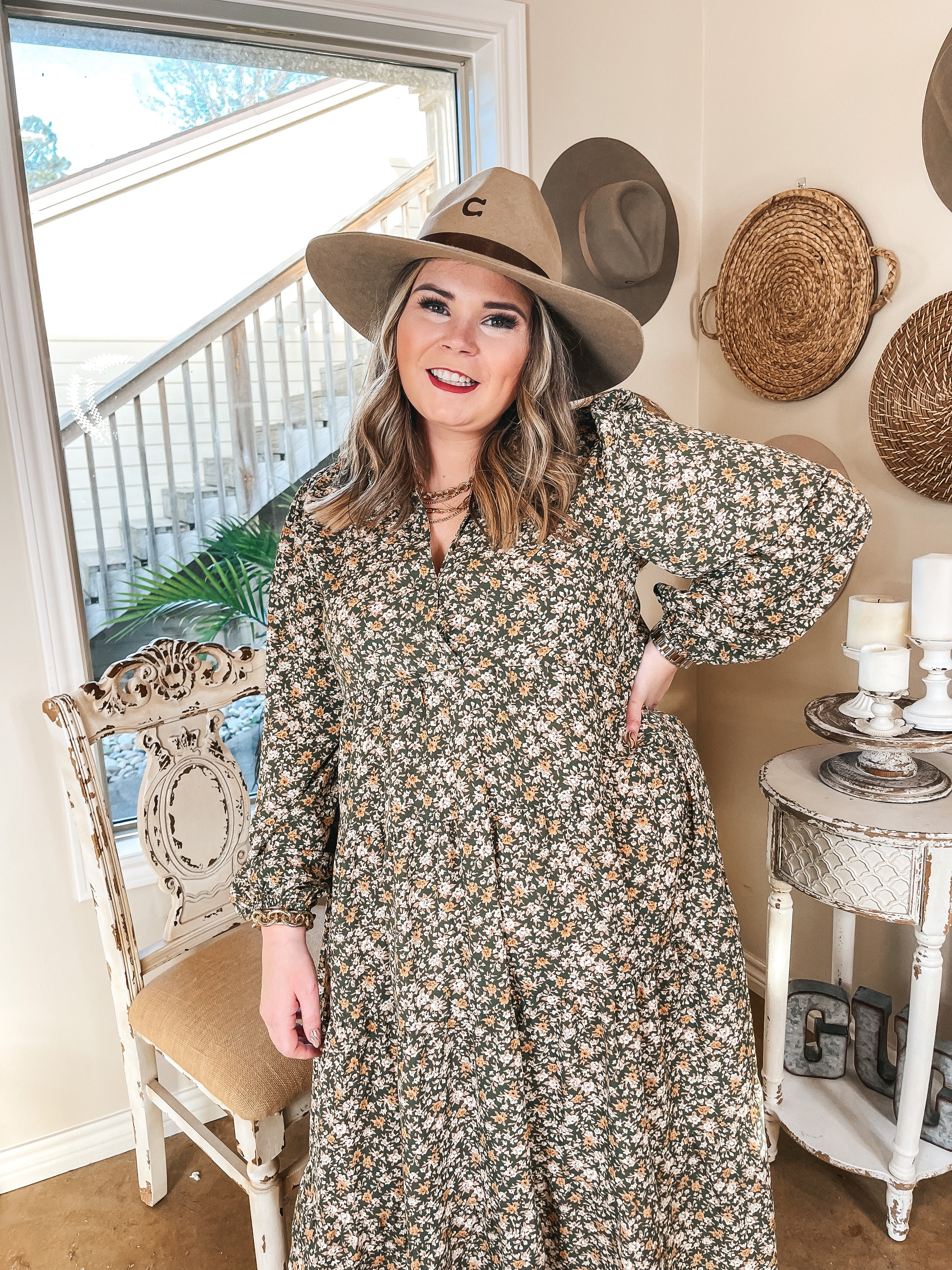 Love Song Long Sleeve Floral Midi Dress in Green - Giddy Up Glamour Boutique