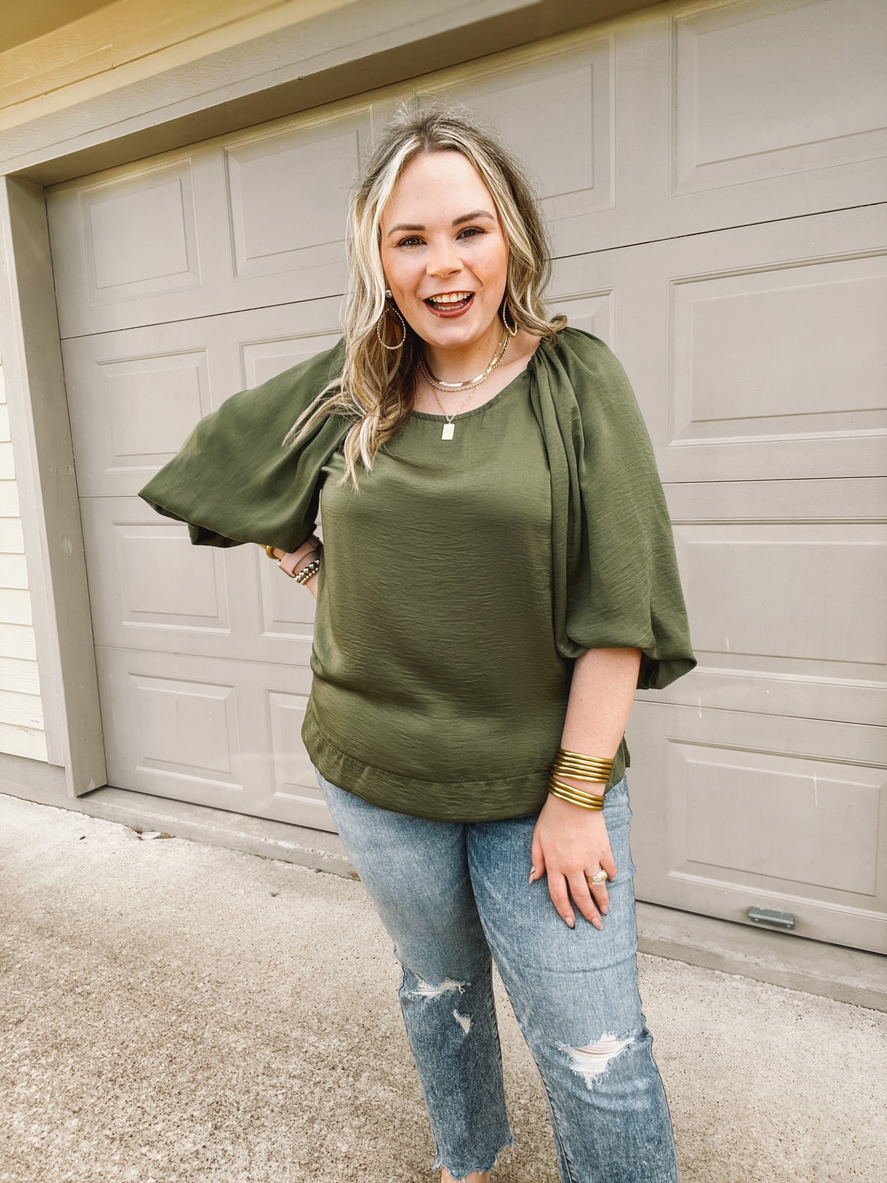 Flash A Smile Half Balloon Sleeve Satin Blouse in Olive Green - Giddy Up Glamour Boutique