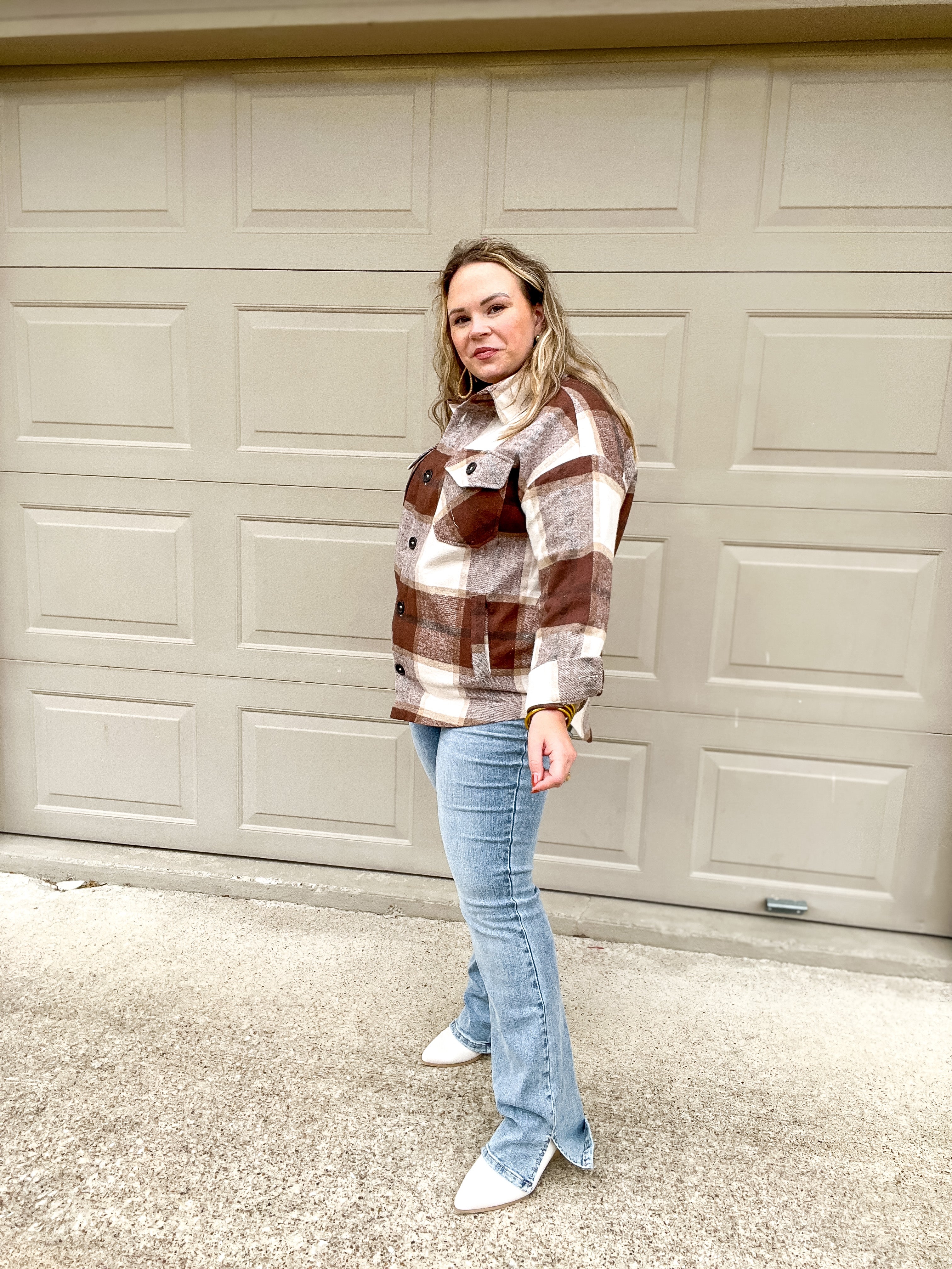Autumn Air Plaid Button Up Shacket in Brown - Giddy Up Glamour Boutique