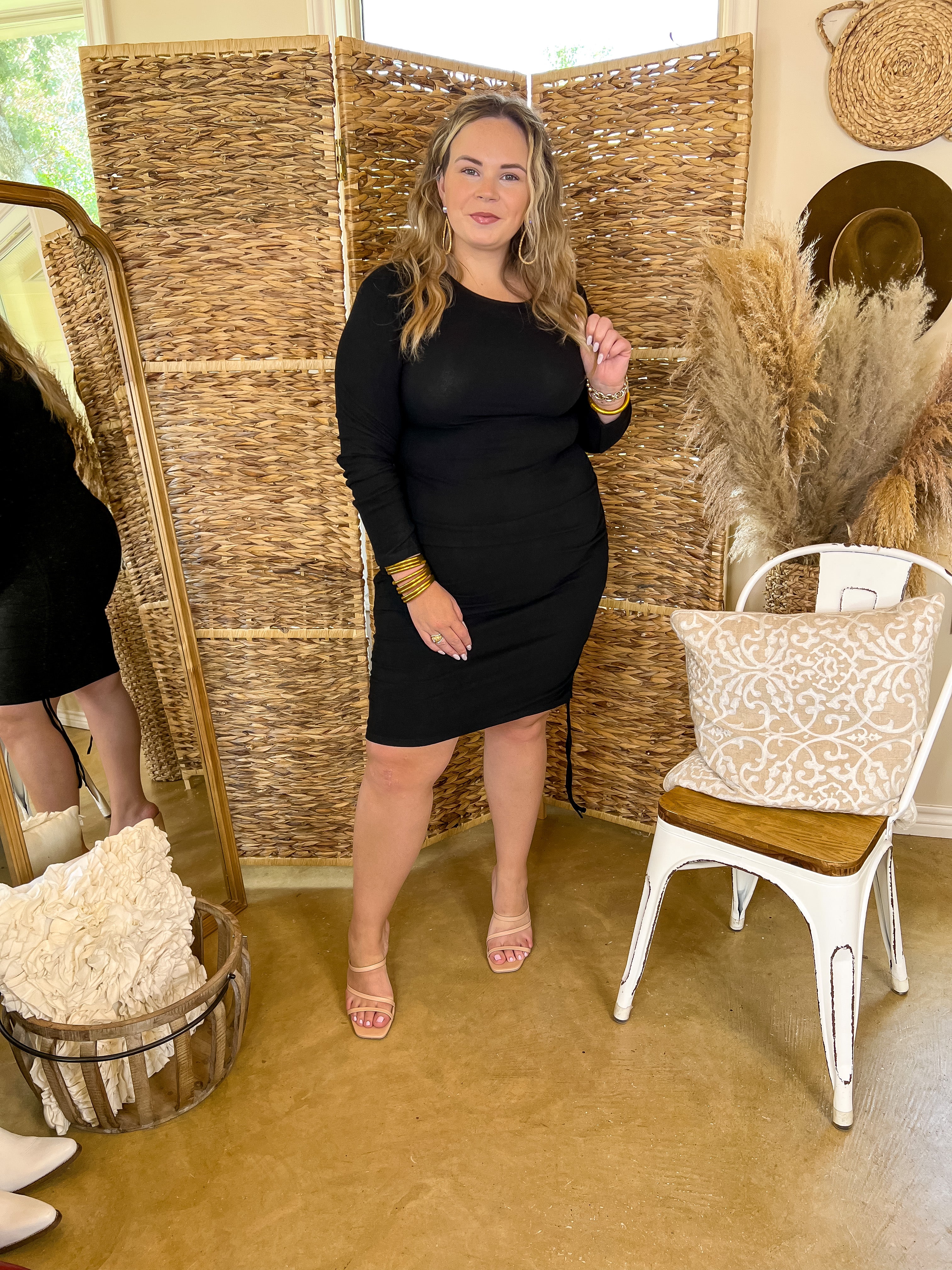 Felt A Chill Long Sleeve Fitted Dress with Ruched Drawstring Hips in Black - Giddy Up Glamour Boutique