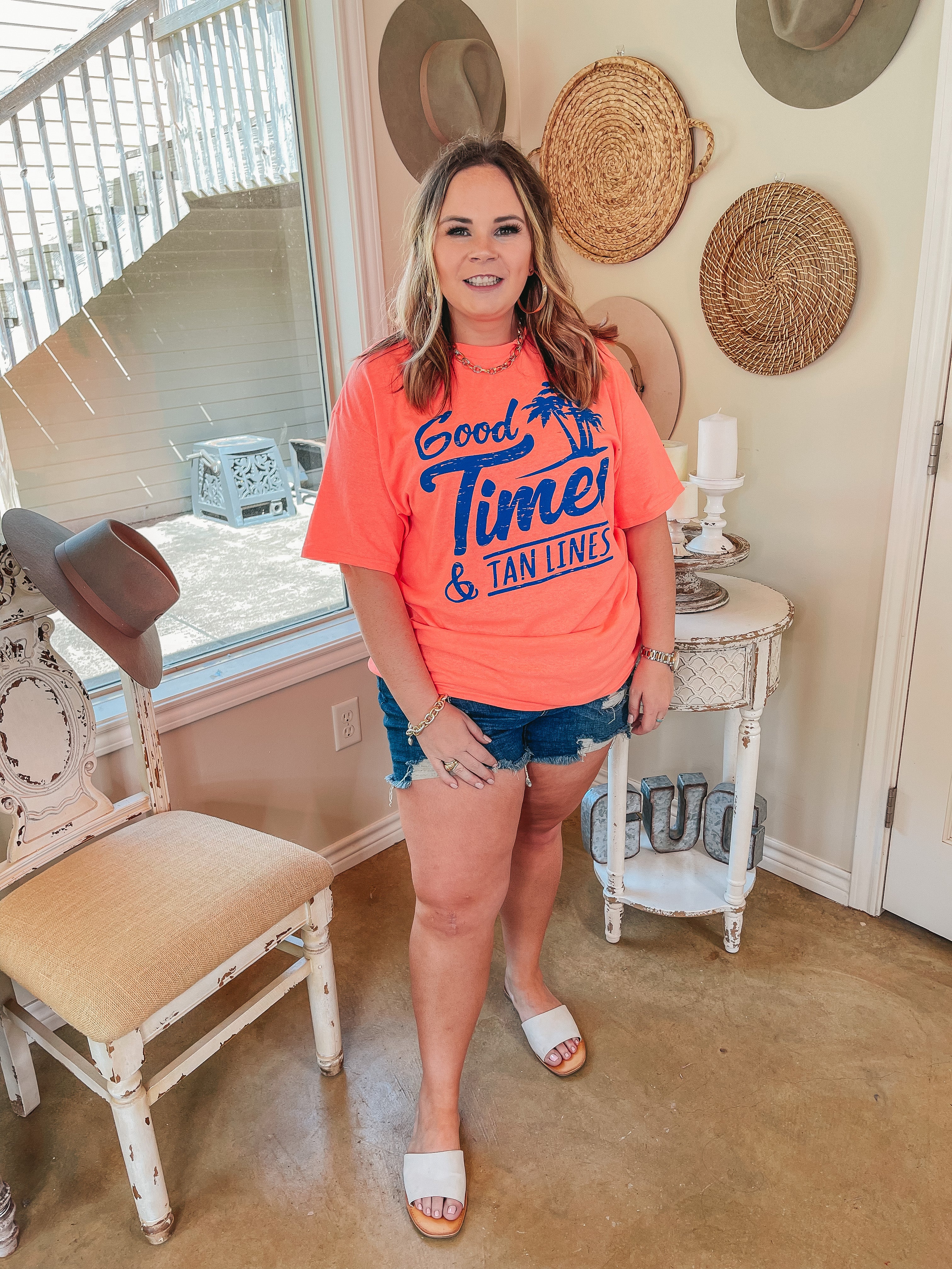Last Chance Size Small | Good Times & Tan Lines Short Sleeve Graphic Tee in Neon Coral - Giddy Up Glamour Boutique