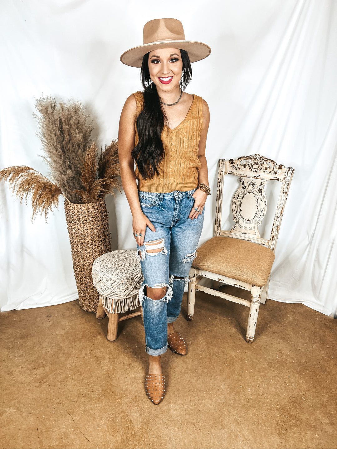 Forever Famous Cropped Sweater Tank Top in Camel Brown - Giddy Up Glamour Boutique