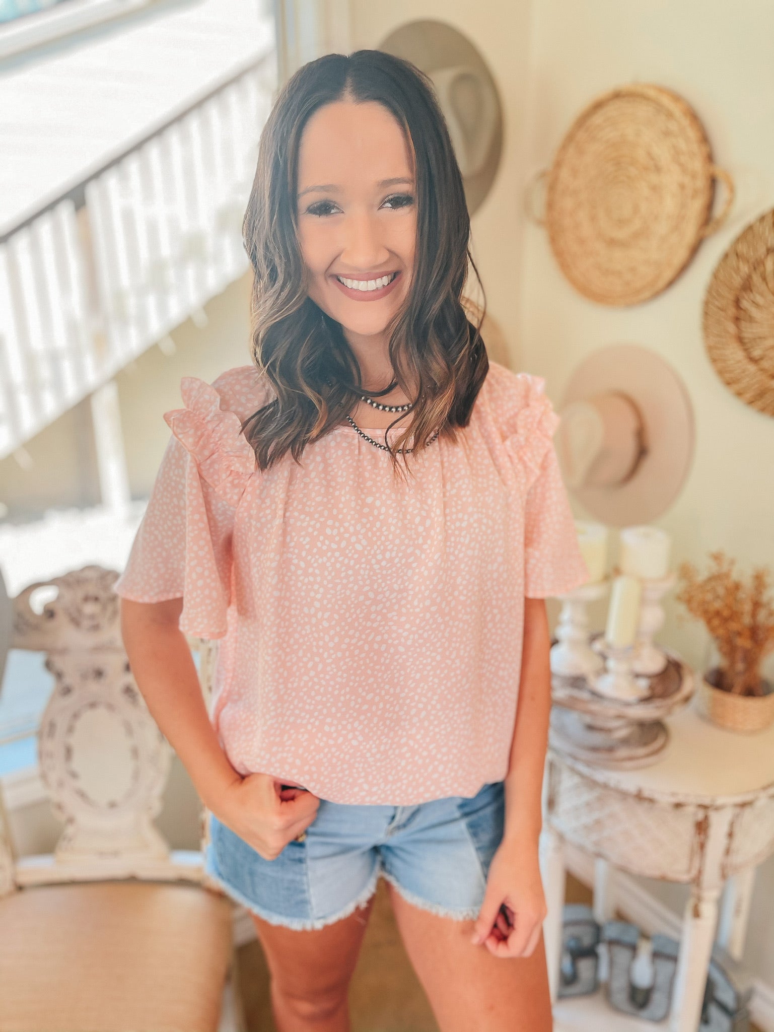 Blissful Views Dotted Short Sleeve Top with Ruffle Shoulders in Peach Pink - Giddy Up Glamour Boutique
