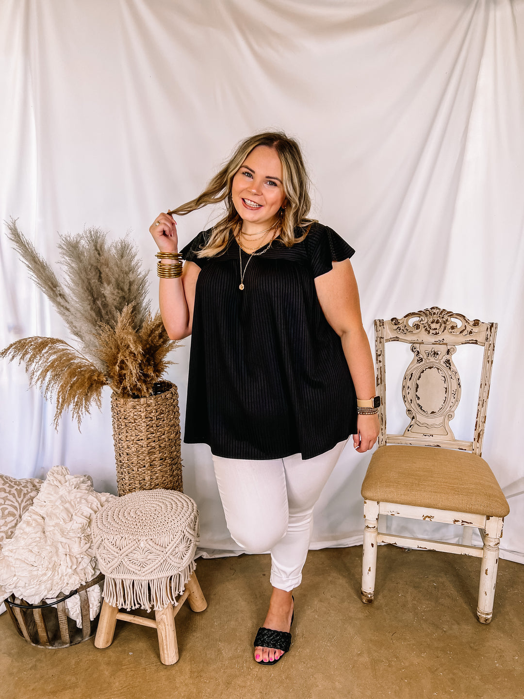 No Bad Days Ribbed Ruffle Cap Sleeve Babydoll Top in Black - Giddy Up Glamour Boutique