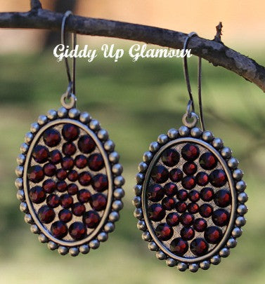 Pink Panache Small Silver Oval Earrings with Maroon Crystals - Giddy Up Glamour Boutique