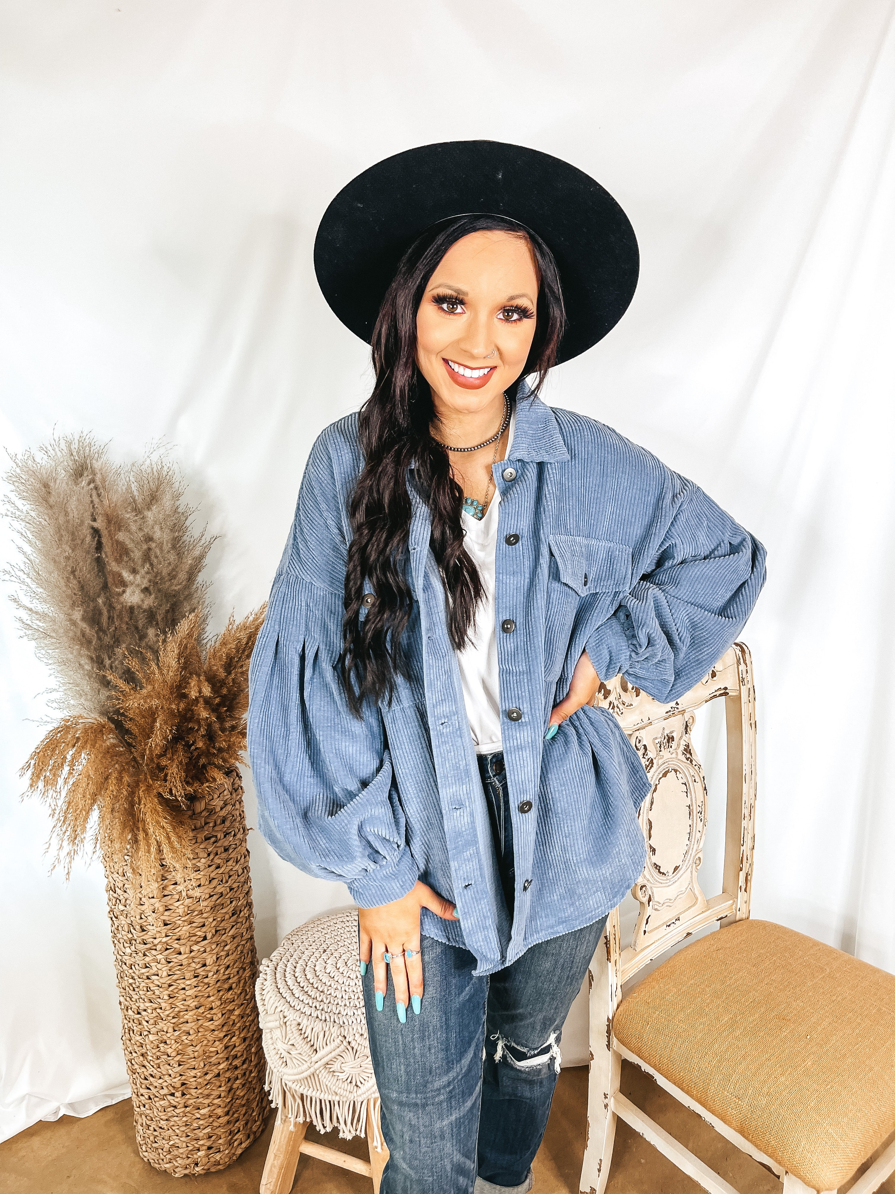 Cute Collab Button Up Corduroy Shacket with Balloon Sleeves in Dusty Blue - Giddy Up Glamour Boutique