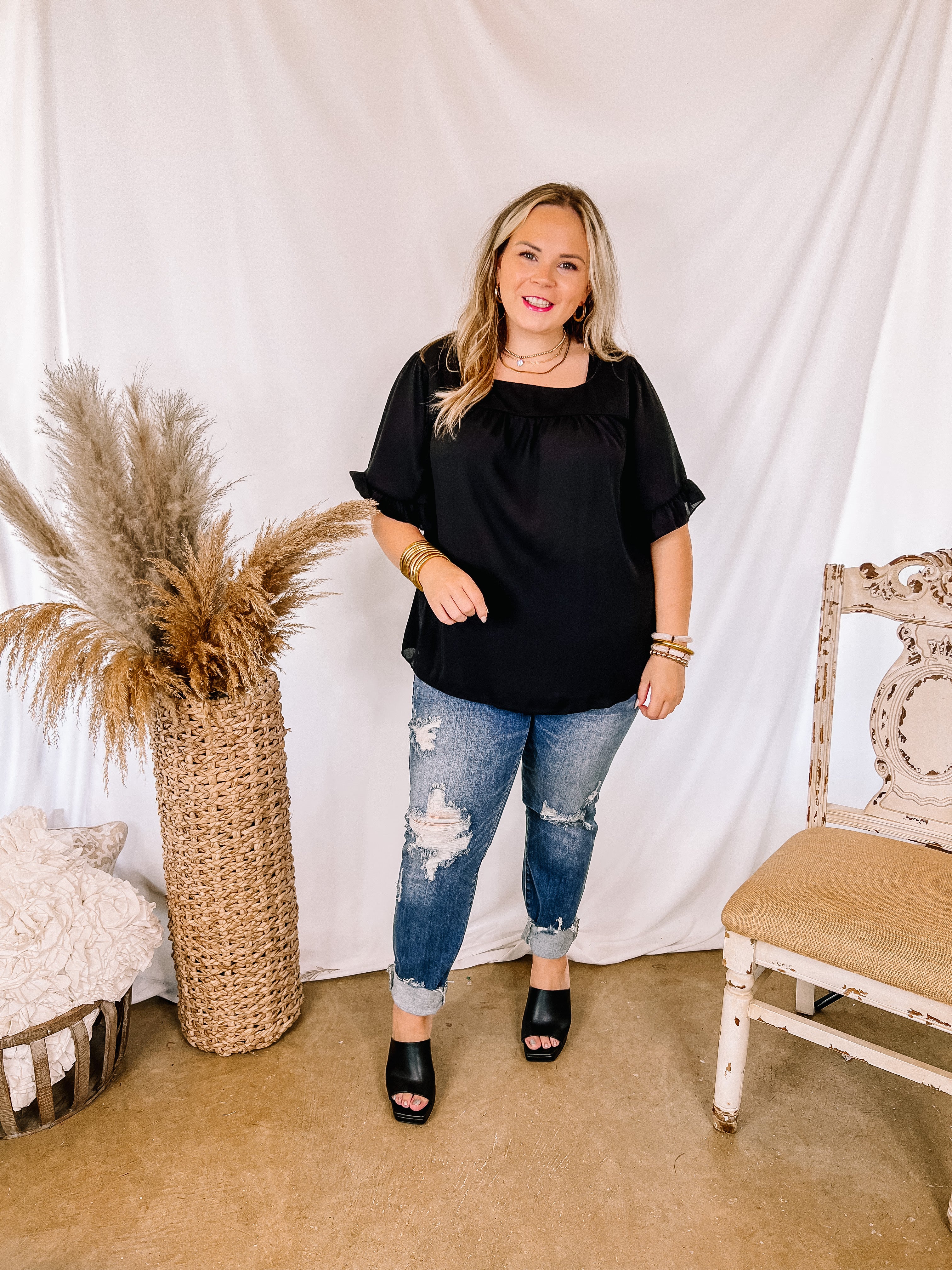 New Best Friend Square Neck Ruffle Short Sleeve Top in Black - Giddy Up Glamour Boutique