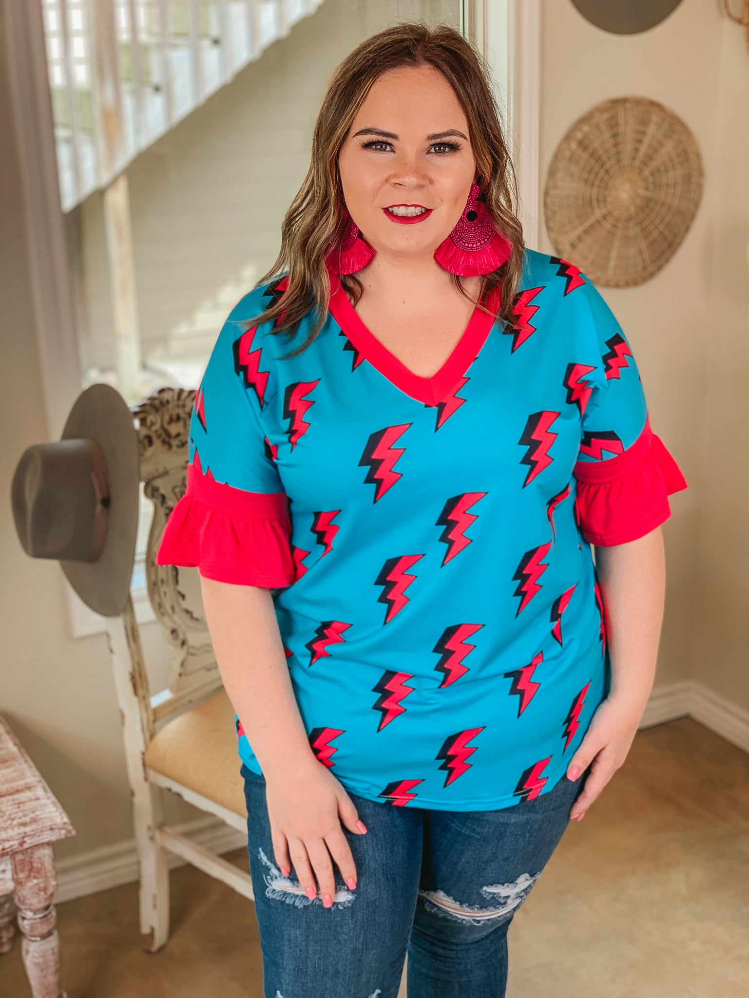 Last Chance Size S, M, & L | Saved By the Bell Fuchsia Lightning Bolt V Neck Top with Ruffle Sleeves in Turquoise - Giddy Up Glamour Boutique