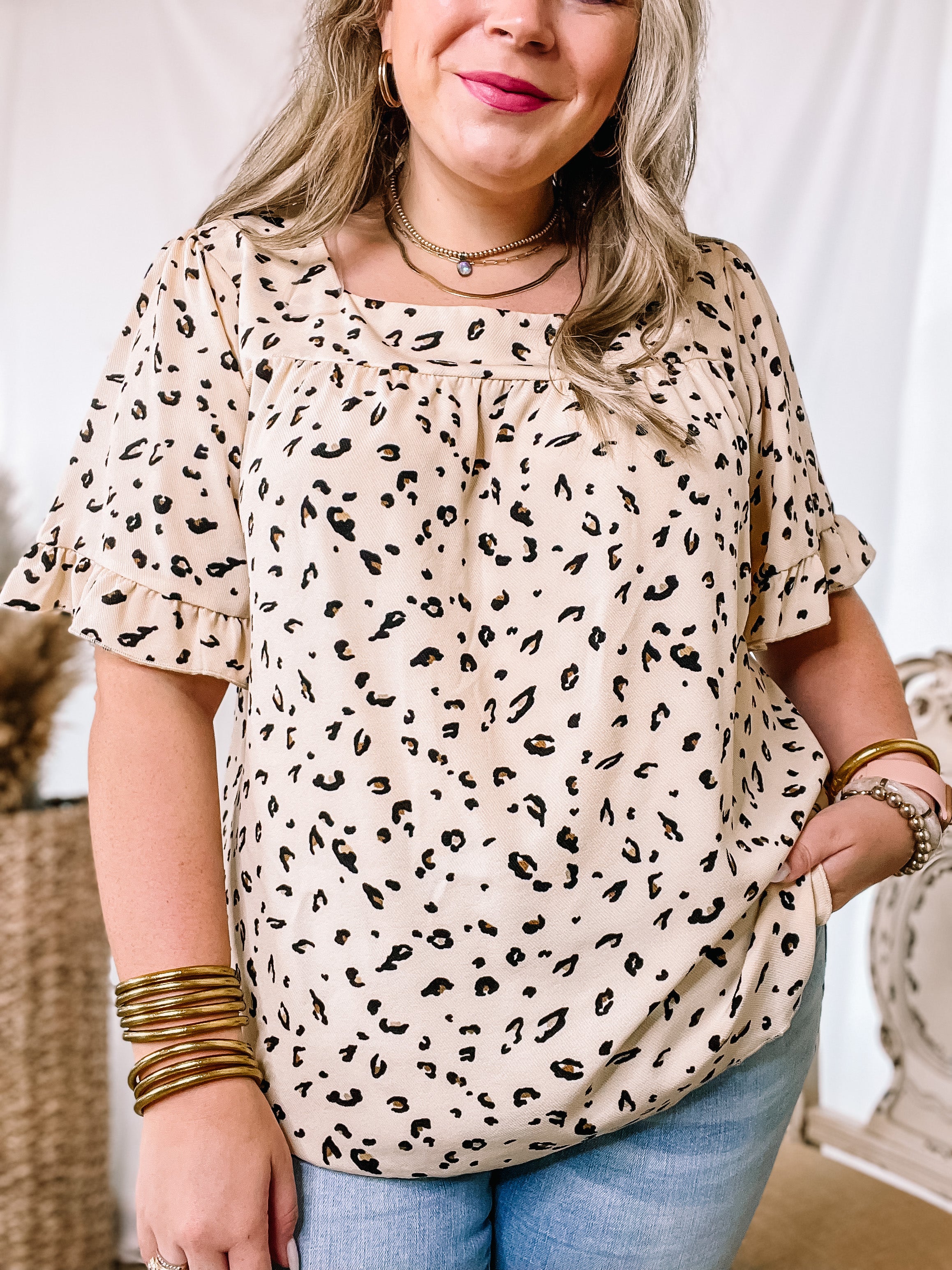 New Best Friend Square Neck Ruffle Short Sleeve Top in Leopard Print - Giddy Up Glamour Boutique