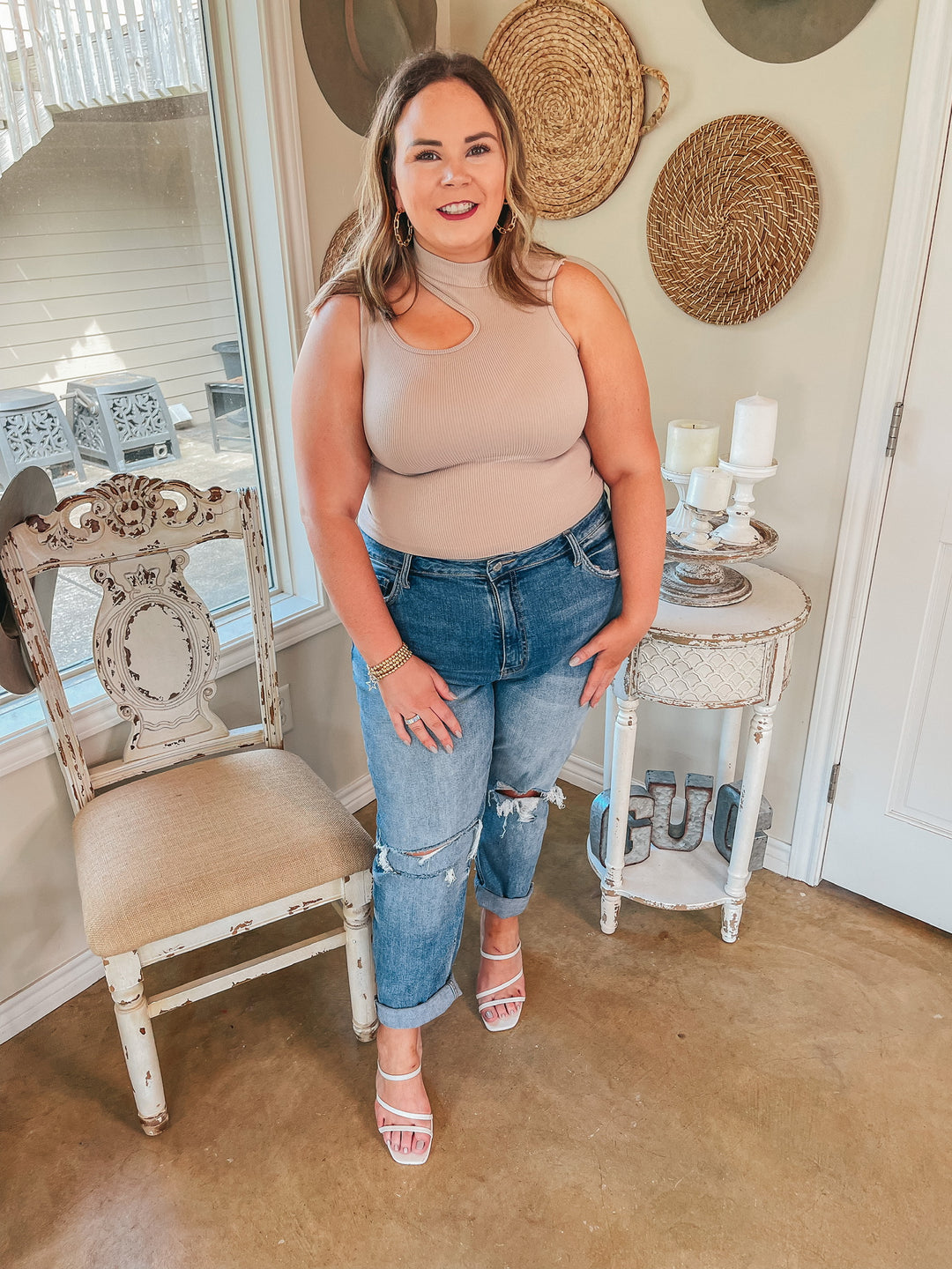 All The Drama Mockneck Cut Out Crop Tank Top in Taupe - Giddy Up Glamour Boutique