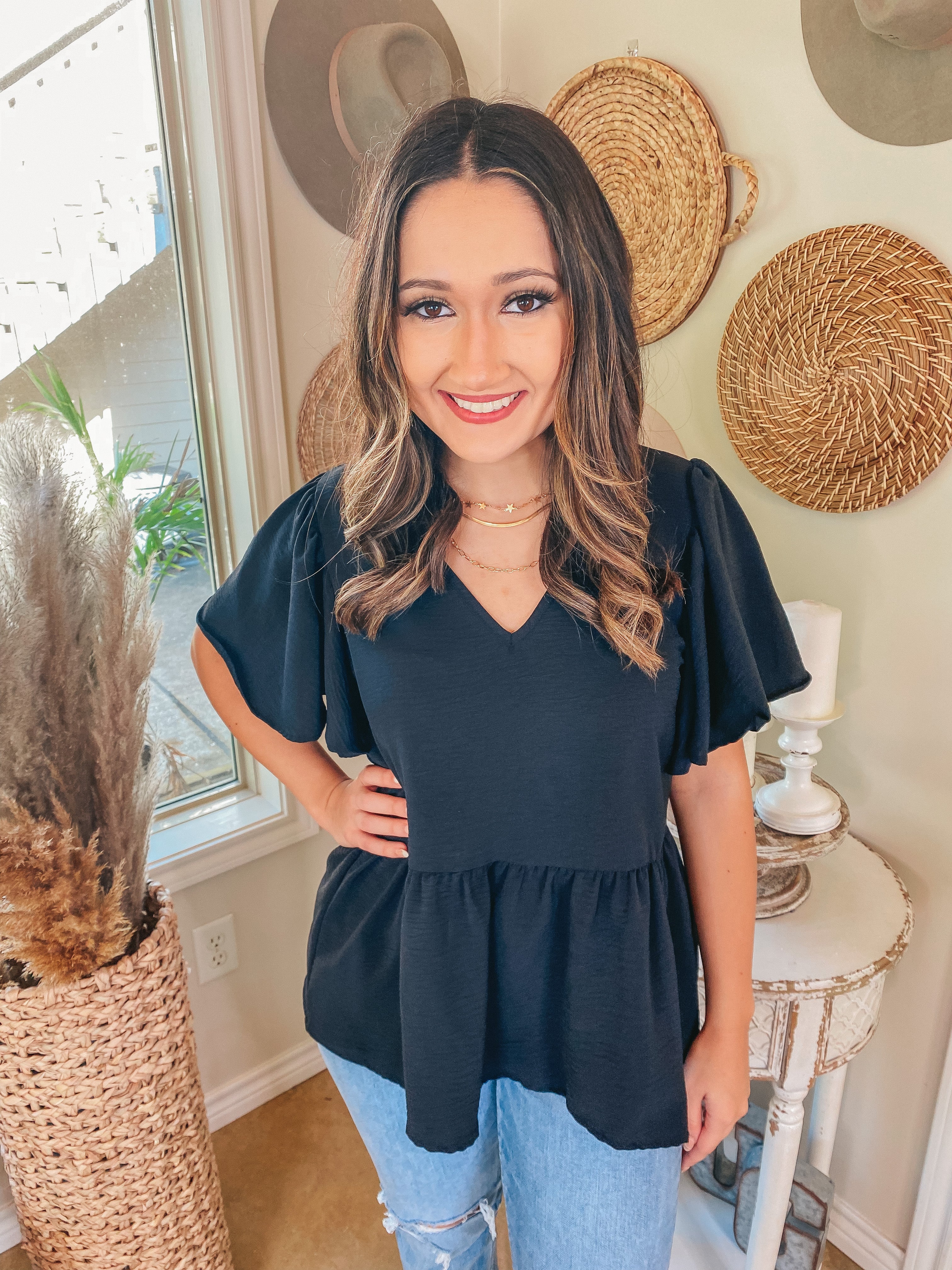 Everything You Need Ruffle Short Sleeve Peplum Top in Black - Giddy Up Glamour Boutique
