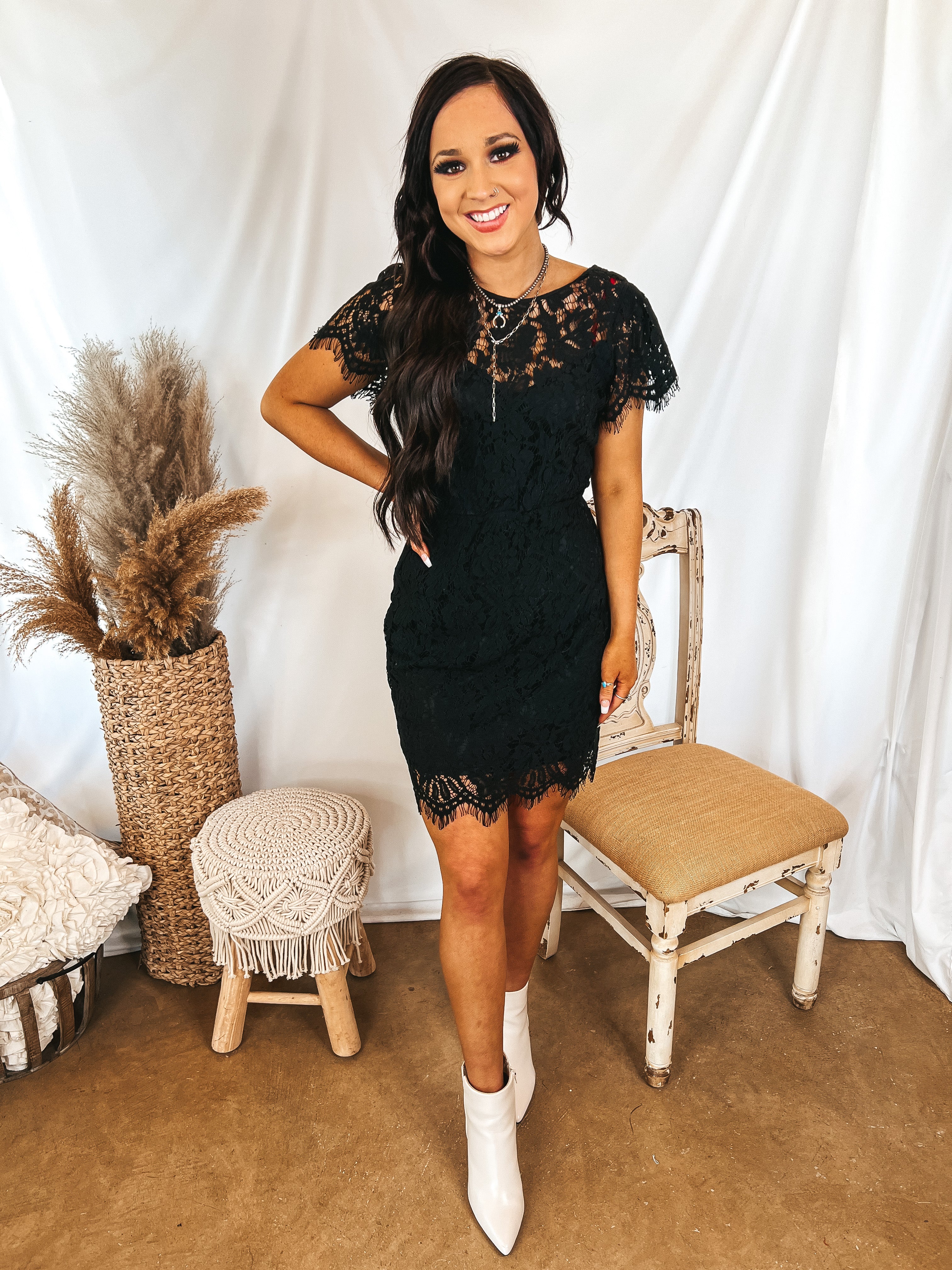 Social Butterfly Lace Overlay Fitted Dress in Black - Giddy Up Glamour Boutique