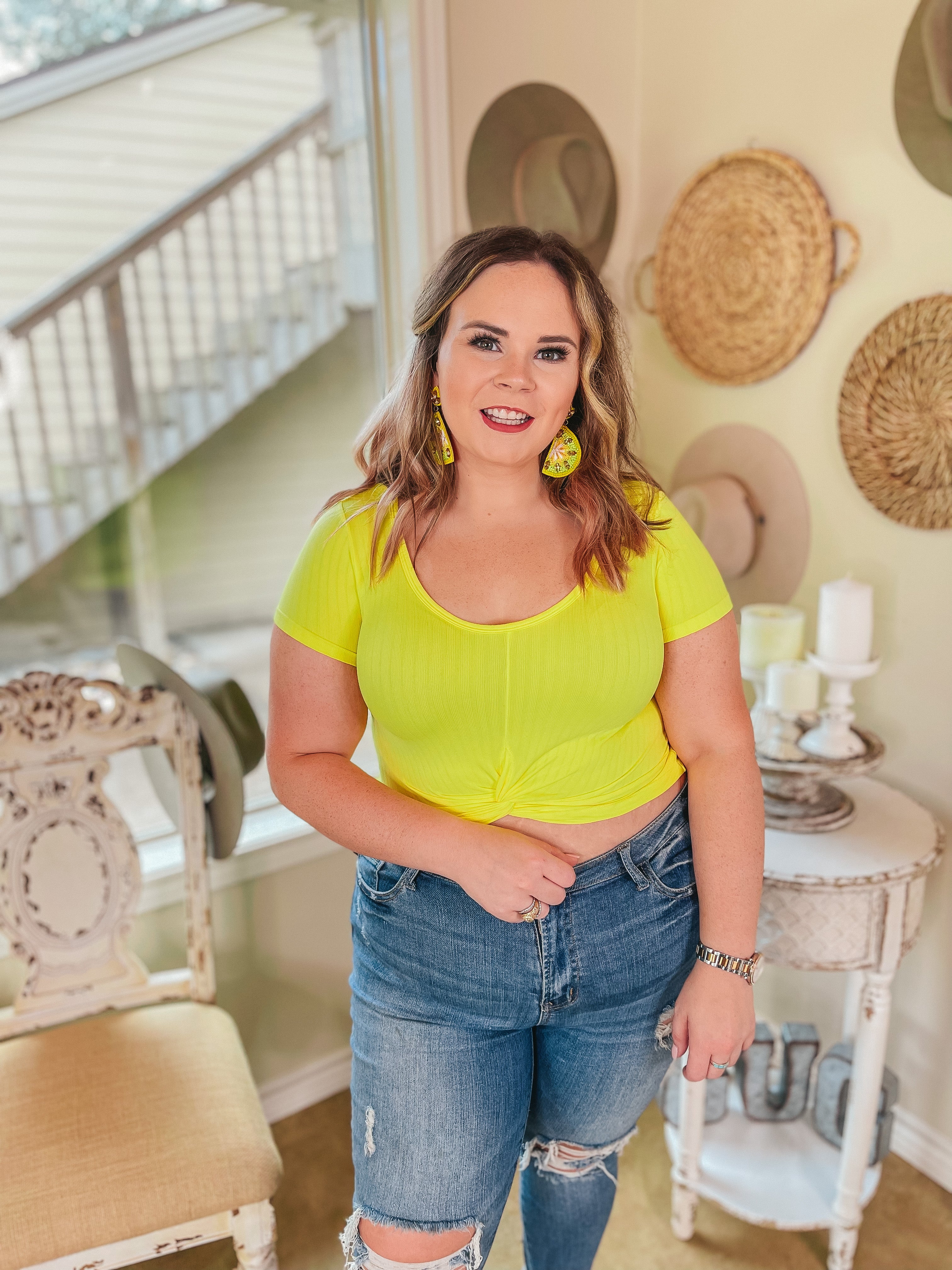 You're So Cool Short Sleeve Front Knot Crop Top in Yellow - Giddy Up Glamour Boutique