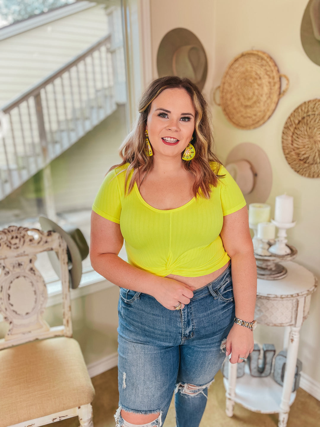 You're So Cool Short Sleeve Front Knot Crop Top in Yellow - Giddy Up Glamour Boutique