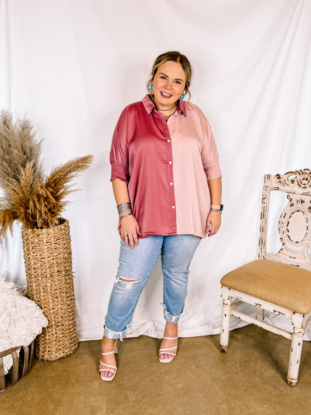 Major Glow Satin Smocked 3/4 Sleeve Button Up Blouse in Mauve and Blush Pink - Giddy Up Glamour Boutique