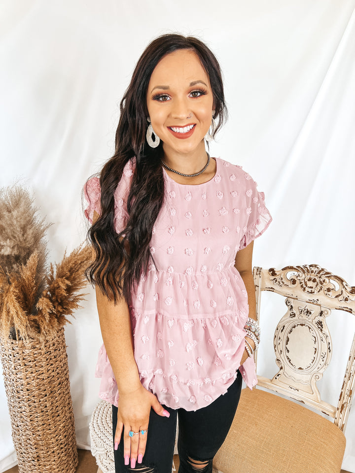 Such A Delight Tiered Swiss Dot Top with Ruffle Cap Sleeves in Mauve Purple - Giddy Up Glamour Boutique