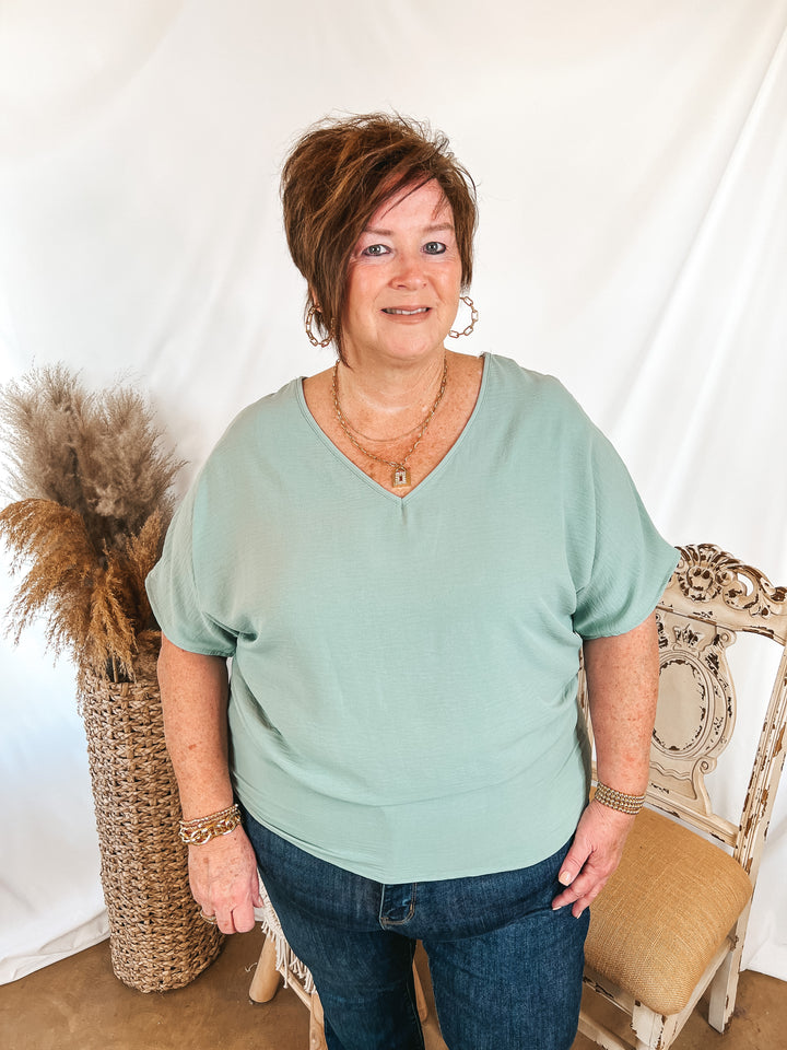 Lovely Dear V Neck Short Sleeve Solid Top in Aloe Blue - Giddy Up Glamour Boutique