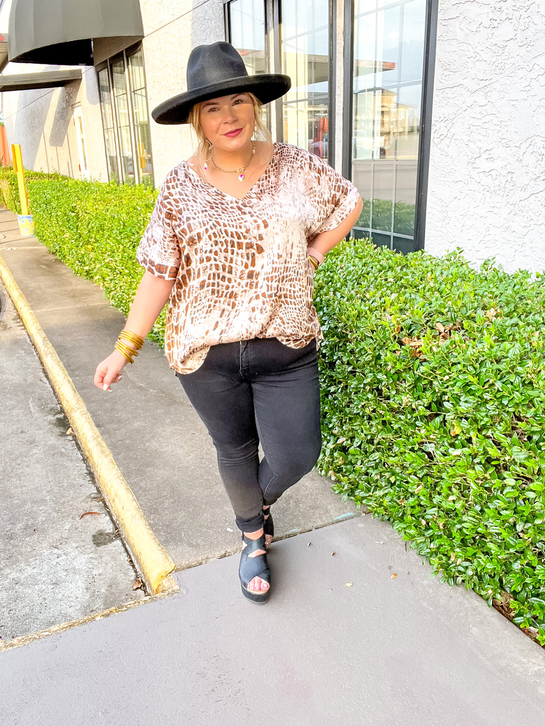 Ready To Remix Crocodile Print Satin Top with Short Sleeves in Brown Mix - Giddy Up Glamour Boutique