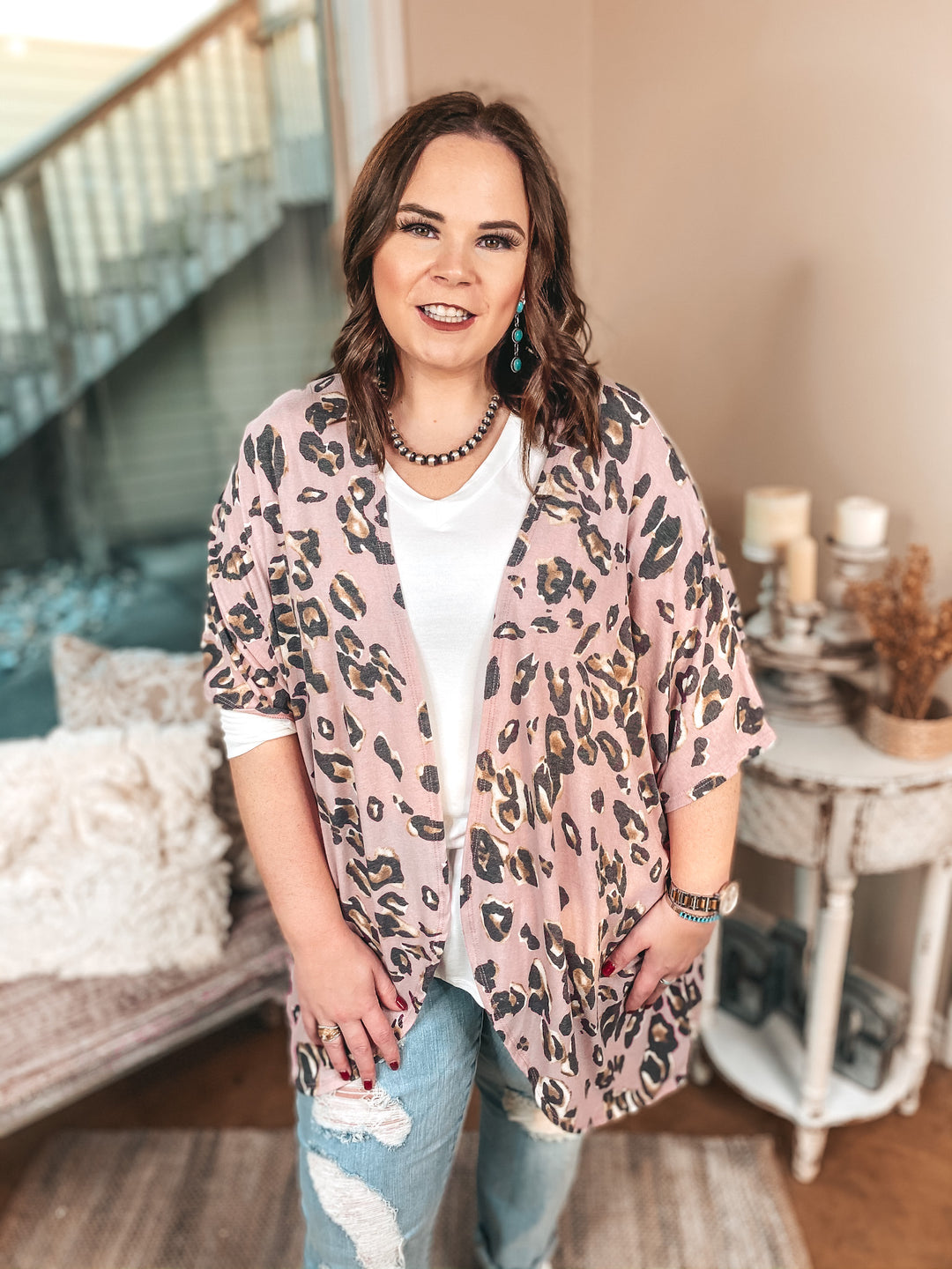 Ahead Of The Trend Leopard Short Drop Sleeve Cardigan in Blush Pink - Giddy Up Glamour Boutique