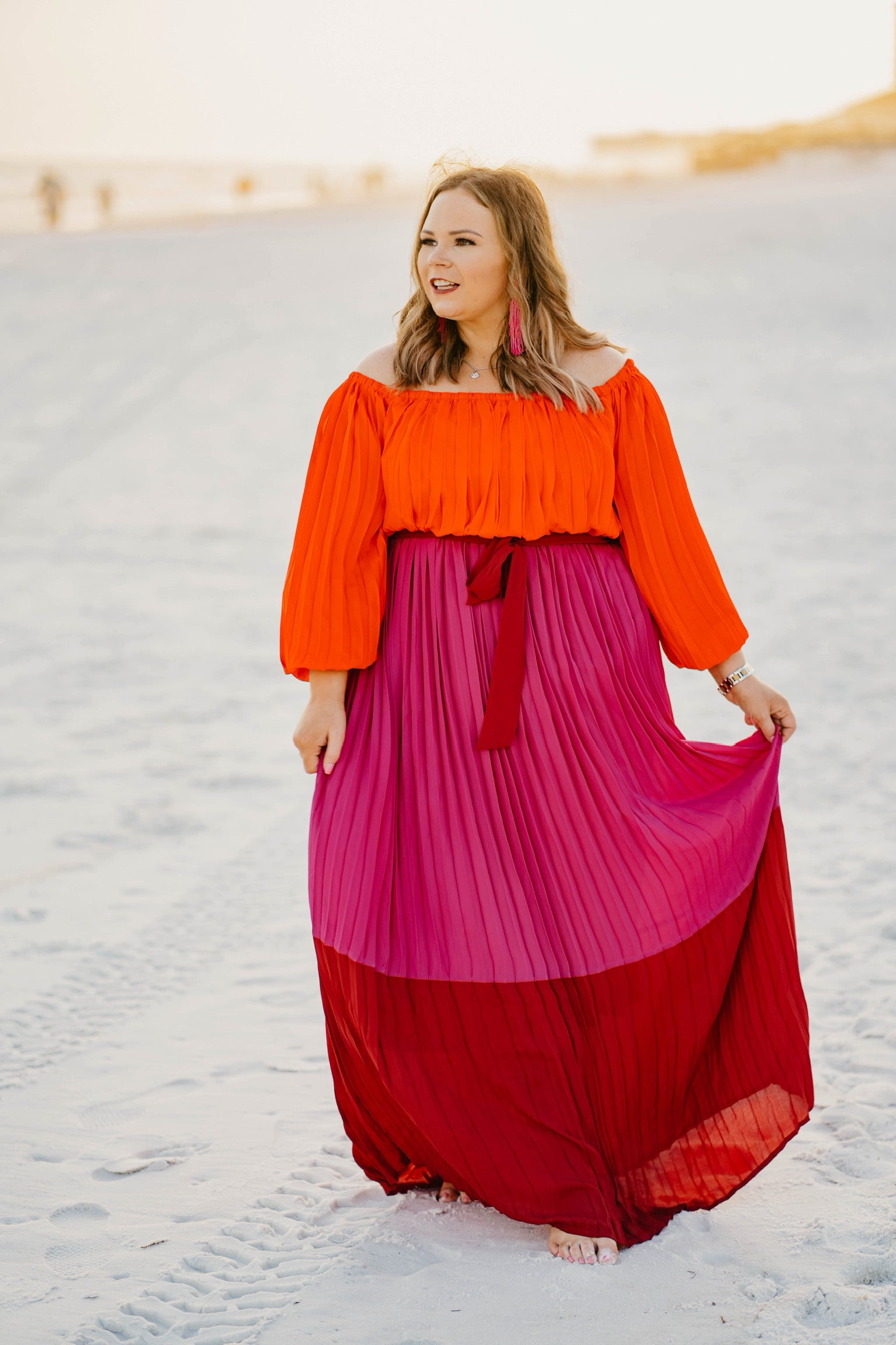 Last Chance Size Small & Medium | Walk On The Bright Side Pleated Off the Shoulder Color Block Maxi Dress in Pink - Giddy Up Glamour Boutique
