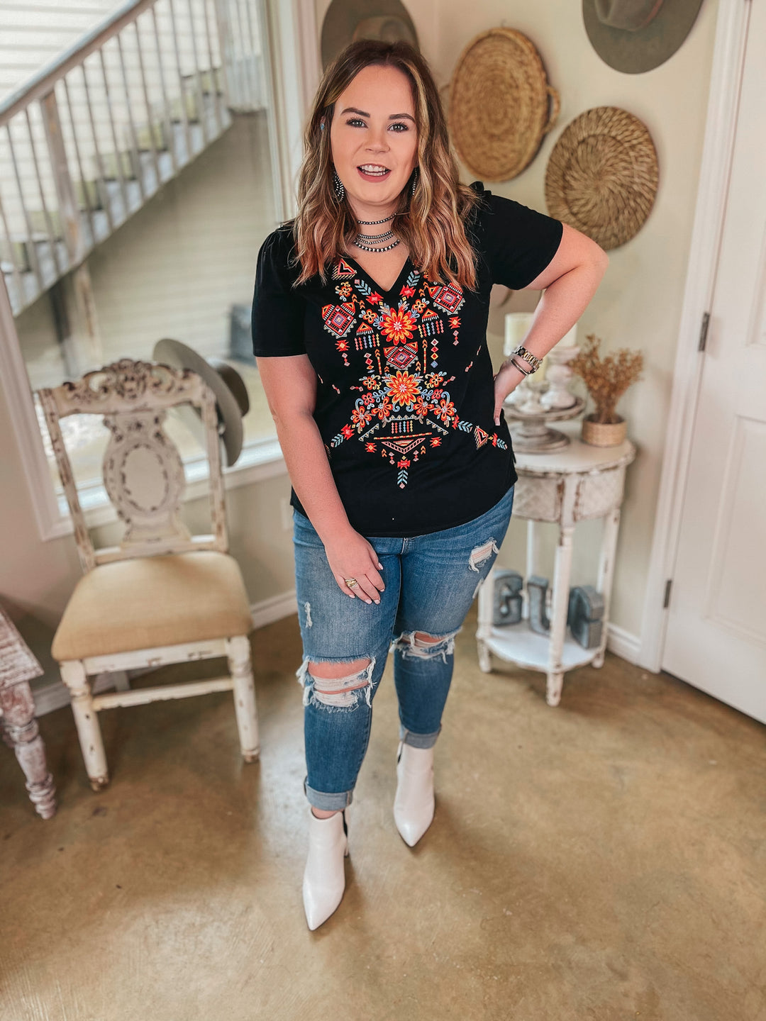 Southwest Senorita Embroidered Short Sleeve V Neck Top in Black - Giddy Up Glamour Boutique