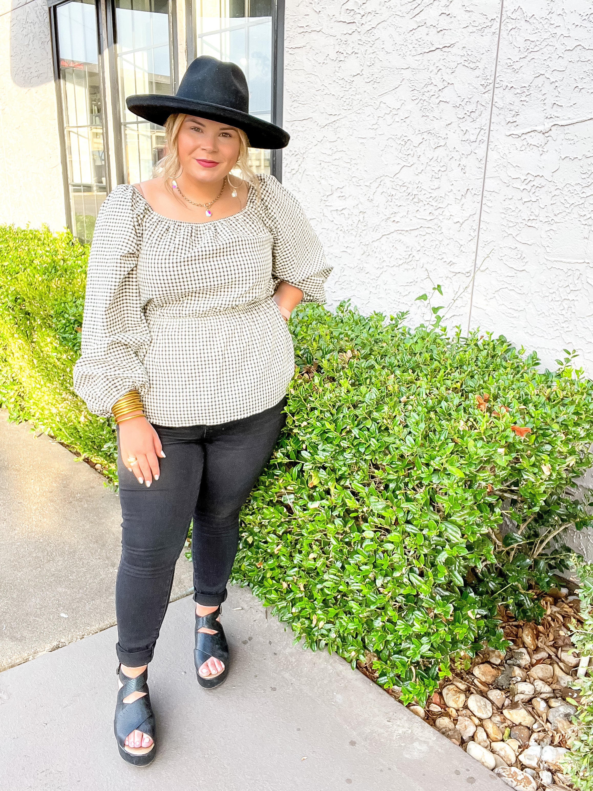 Autumn Sweetness Gingham Peplum Top with Long Sleeves in Black and Ivory - Giddy Up Glamour Boutique