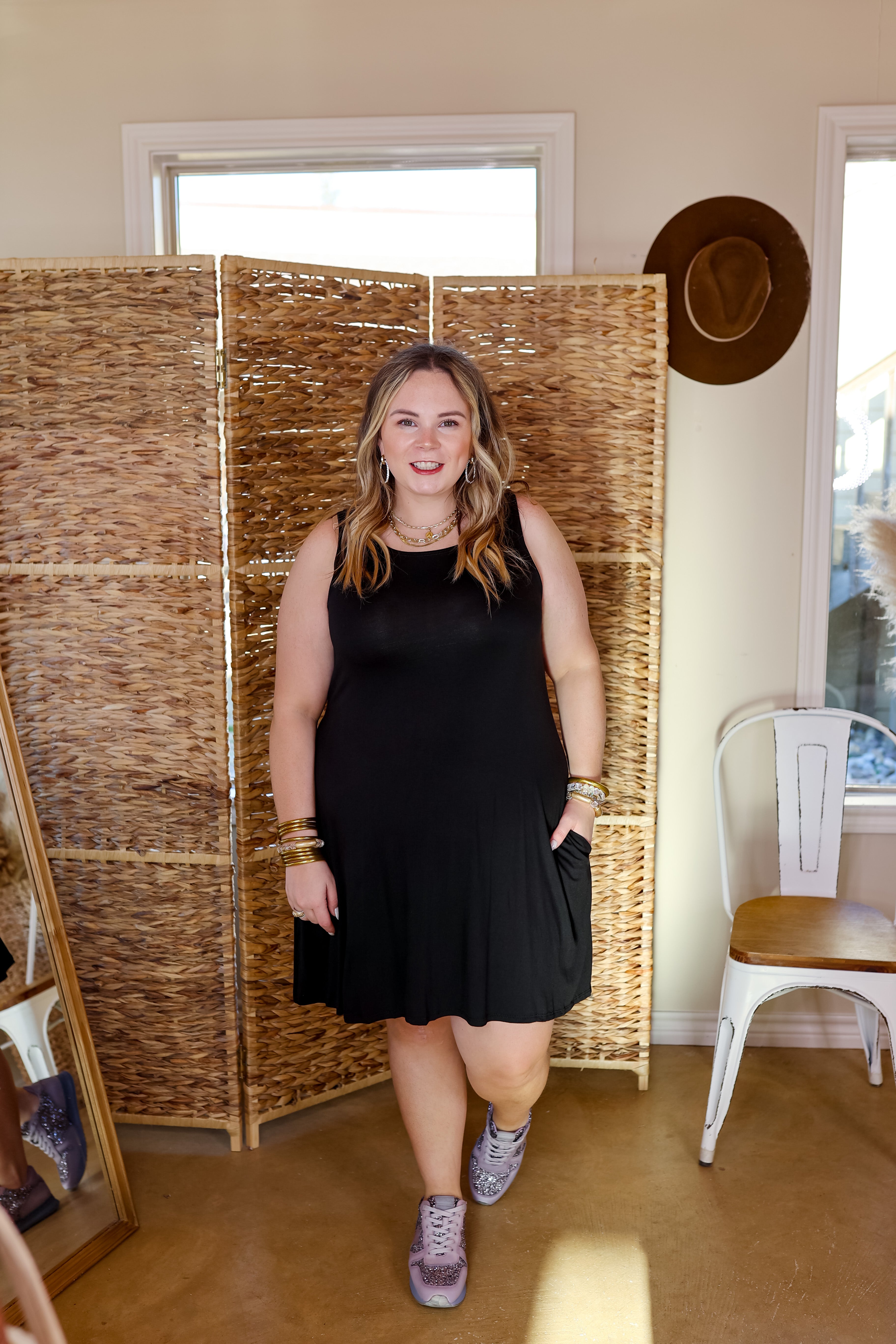 Heard The Story Solid Tank Dress with Pockets in Black - Giddy Up Glamour Boutique
