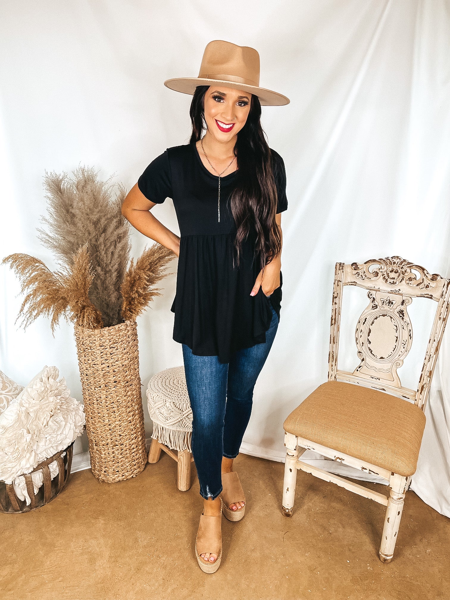 Forever Mine Short Sleeve Babydoll Top in Black - Giddy Up Glamour Boutique
