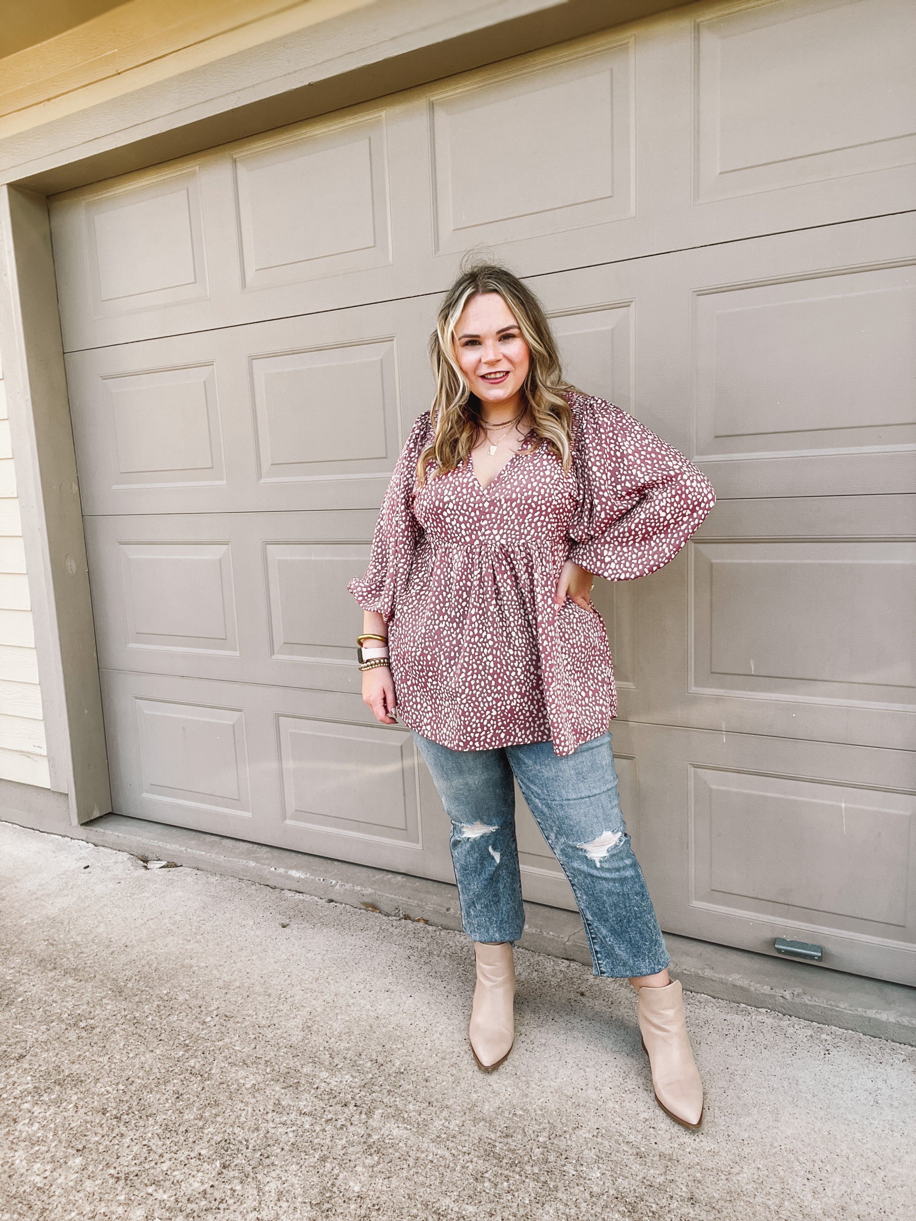 Charming Day Dotted Babydoll Top with Ruched Shoulders in Mauve - Giddy Up Glamour Boutique