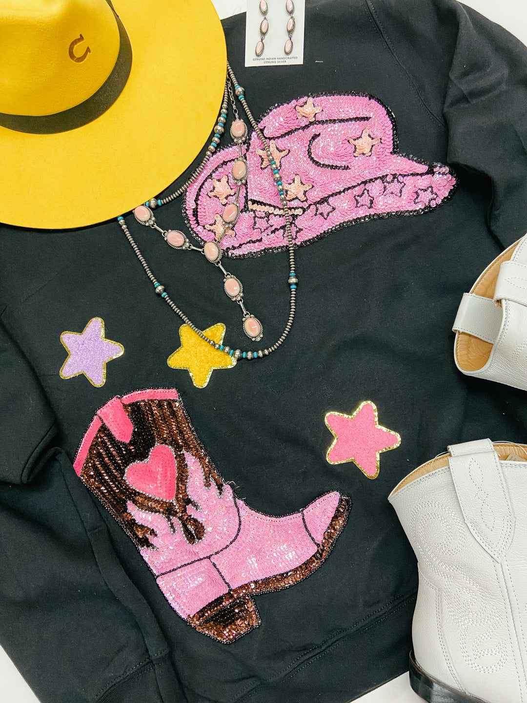 Nashville Lights Chenille and Sequin Patch Graphic Sweatshirt in Black - Giddy Up Glamour Boutique