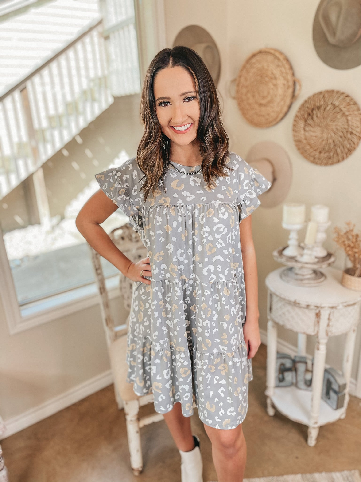 Instant Attraction Leopard Ruffle Tiered Dress in Grey - Giddy Up Glamour Boutique