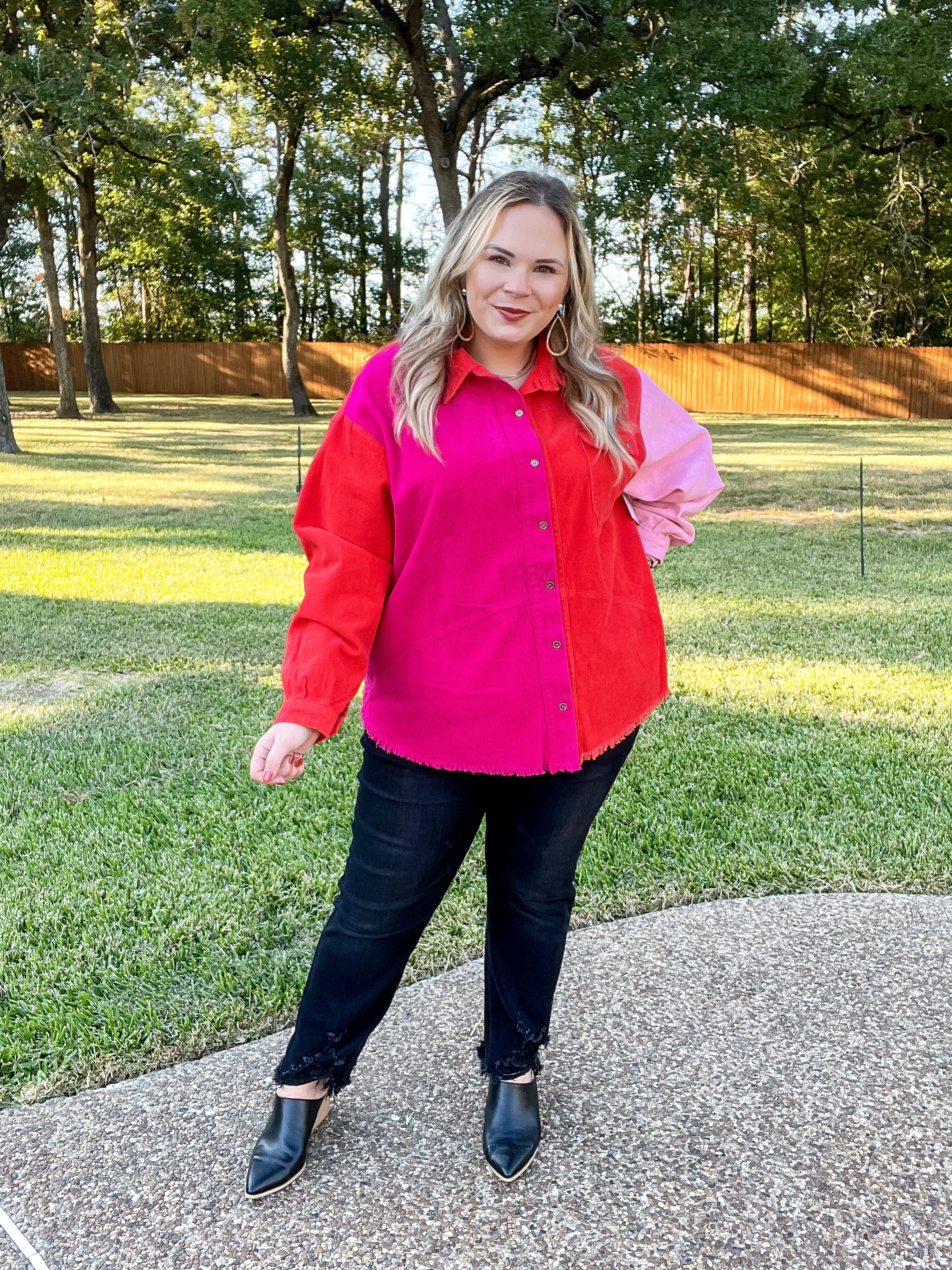 Down The Street Color Block Corduroy Jacket in Pink and Red - Giddy Up Glamour Boutique
