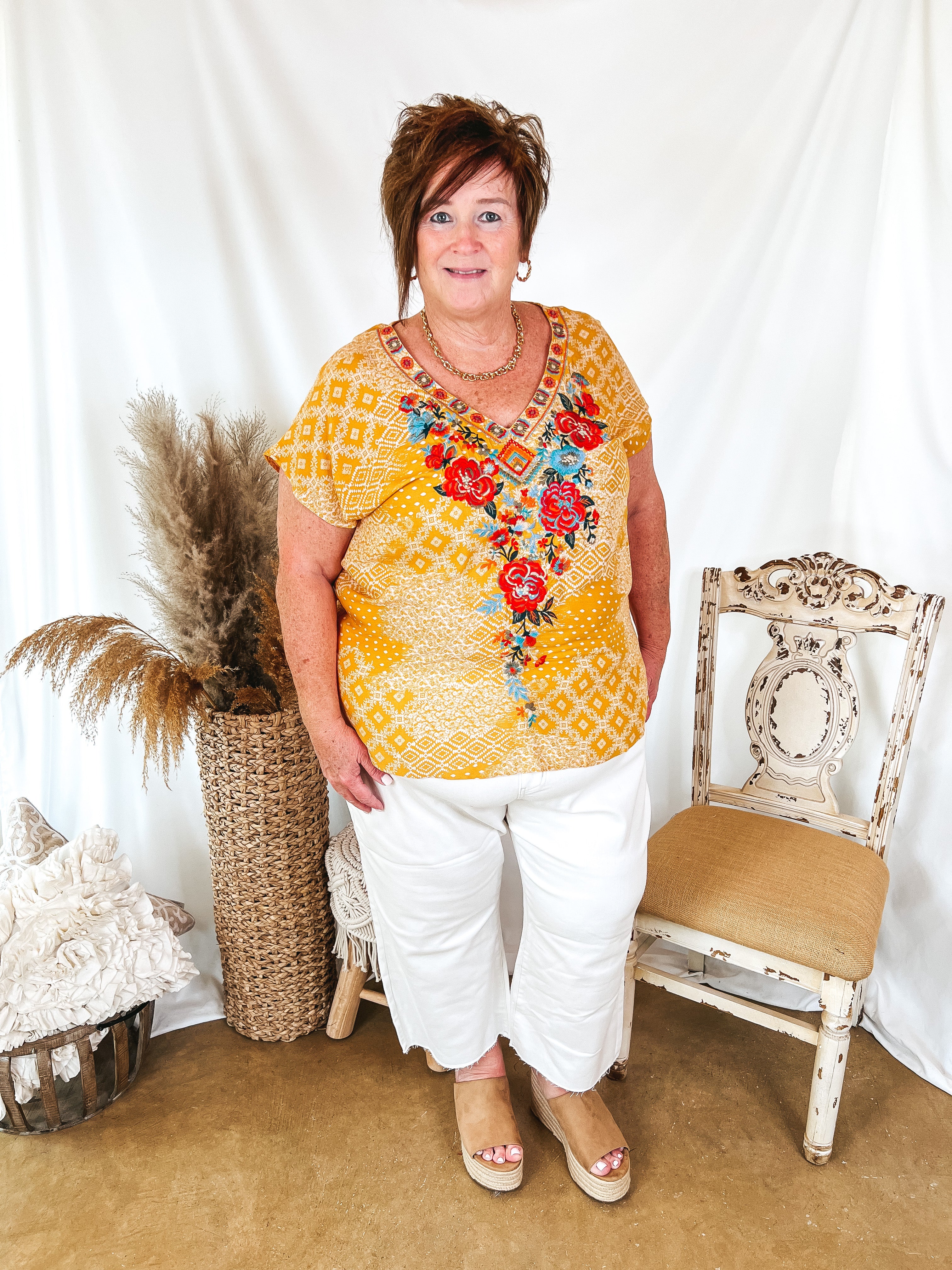 This Must Be The Place V Neck Embroidered Top in Yellow - Giddy Up Glamour Boutique