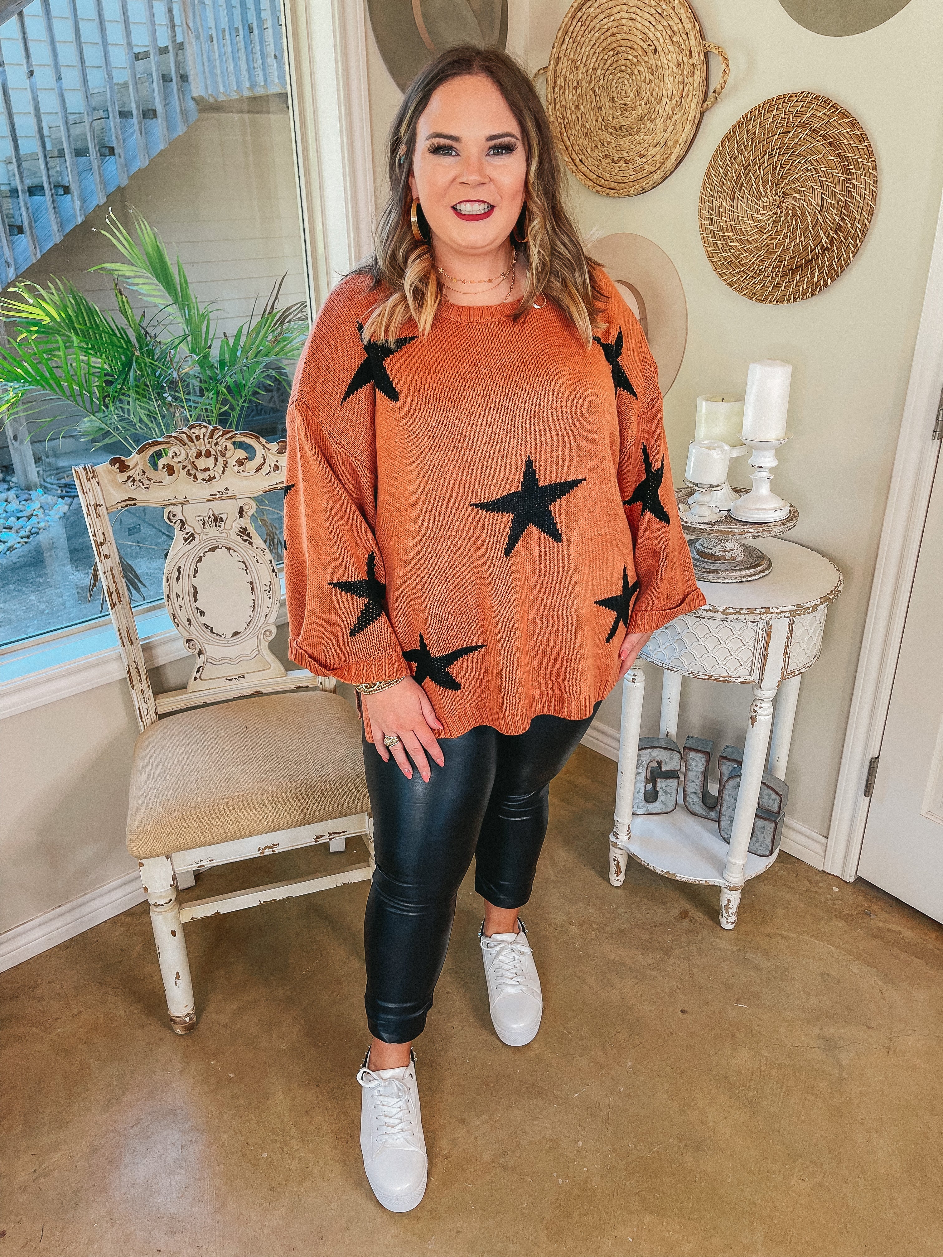 Brightest Dreams Star Print Oversized Sweater in Rust - Giddy Up Glamour Boutique