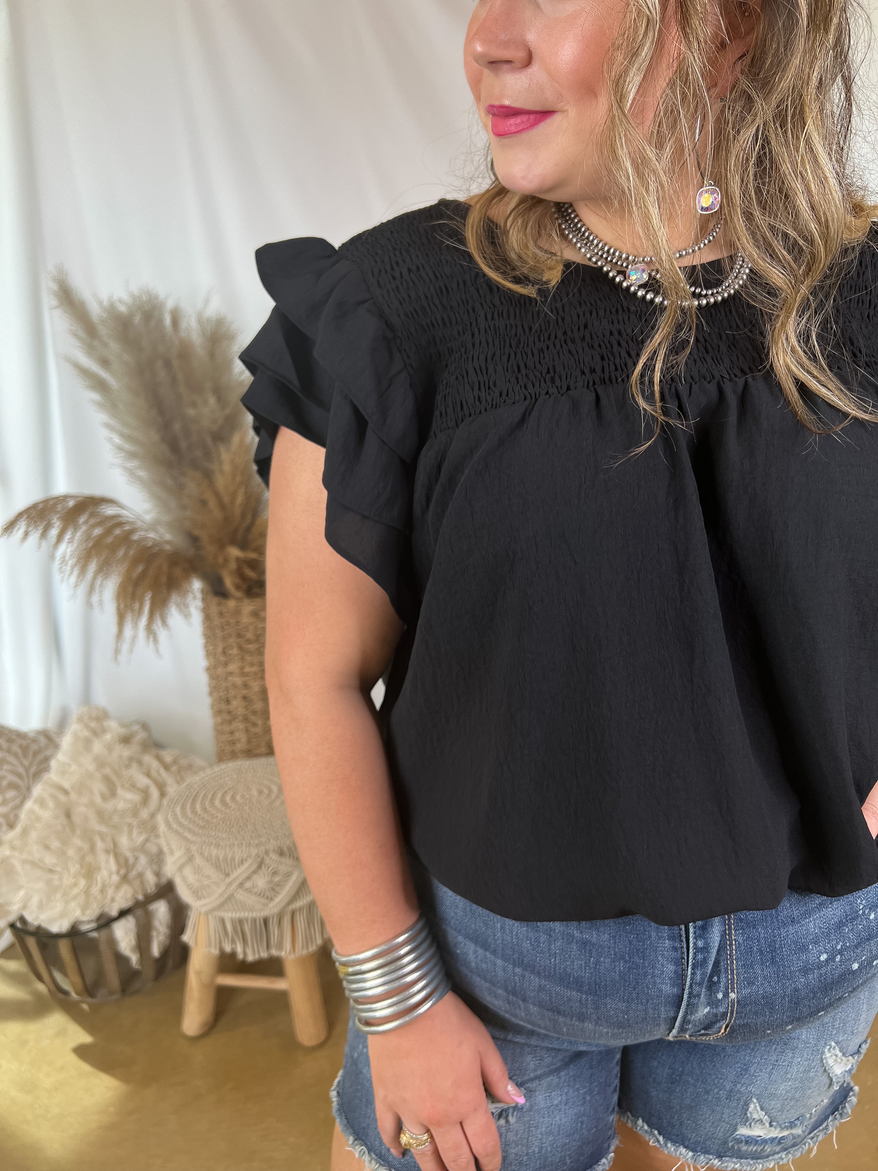 Balcony Nights Ruffle Shoulder Cap Sleeve Blouse in Black - Giddy Up Glamour Boutique